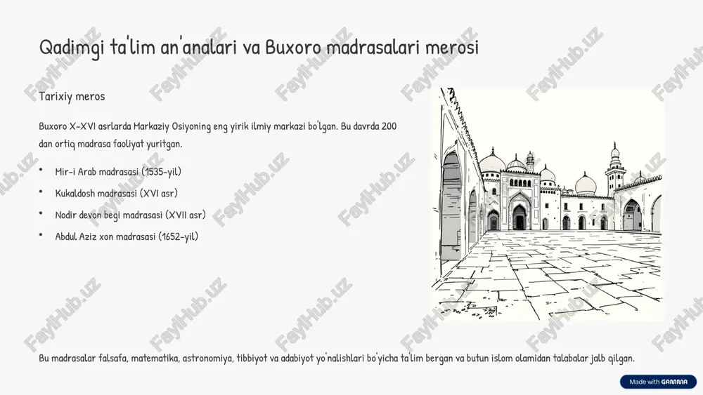 an. buxoro muhandislik-texnologiya instituti sanoat va texnologiya sohalari bo'yicha mutaxassislar yetishtiradi. it va zamonaviy texnologiyalarga e'tibor qaratilgan. statistik ma'lumotlar jami talabalar soni: 25,000 dan ortiq professor-o'qituvchilar: 1,800 nafar xorijiy talabalar: 15 mamlakatdan 5 kelajak rejalari va xulosa raqamlashtirish 2025-yilgacha barcha universitetlarda to'liq raqamli ta'lim tizimi joriy etiladi. xalqaro hamkorlik jahon universitetlari bilan qo'shma dasturlar va ikki diplom beruvchi yo'nalishlar kengaytiriladi. tadqiqot markazlari yangi ilmiy-tadqiqot laboratoriyalari va innovatsion markazlar barpo etiladi. buxoro viloyati ming yillik ta'lim an'analarini zamonaviy texnologiyalar bilan uyg'unlashtirib, o'zbekistonning yetakchi ta'lim markazlaridan biriga aylanmoqda. 2030-yilga qadar viloyatda 5 ta yangi ixtisoslashgan oliy ta'lim muassasasi ochish rejalashtirilgan. 6 image1.png image2.png image3.png image4.png image5.png image6.png image7.png image8.png image9.png image10.png image11.png image12.png image13.png image14.png