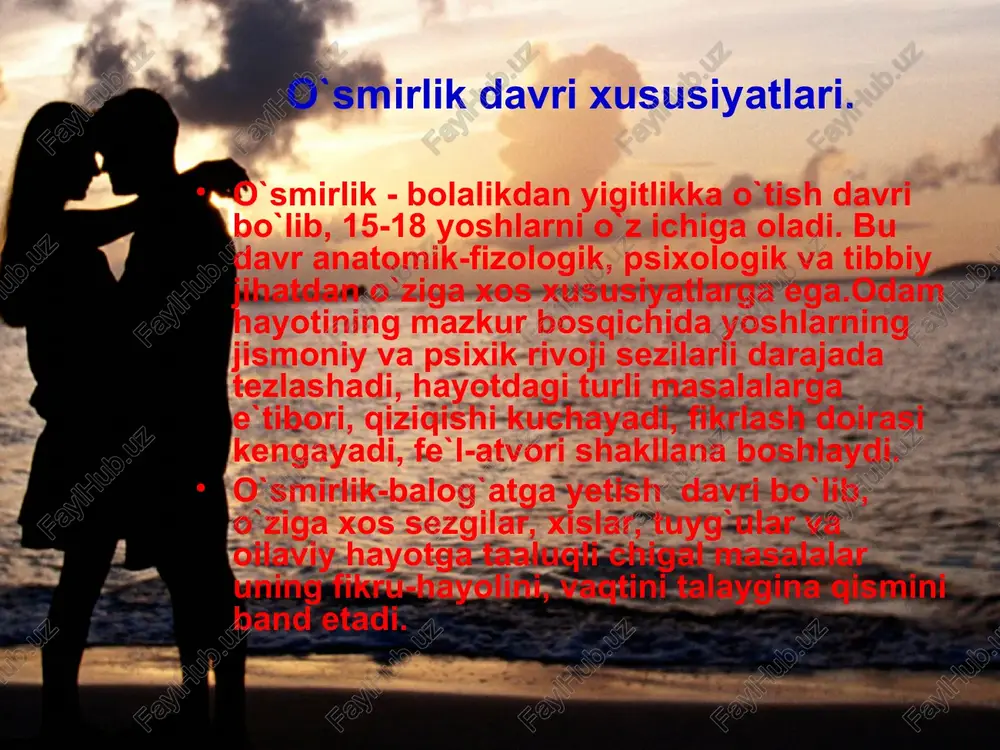 lardan olingan ma`lumotlar o`smirda noto`g`ri tasavvurlar va yanglish fikrlarni yuzaga keltiradi. oqibatda o`smir qaltis, zararli harakatga yo`l qo`yishi mumkin.ba`zan bu xato, adashuv o`smir uchun juda qimmatga tushadi, hayotini izidan chiqaradi. ushbu tarbiyaviy ishlar taxminan quyidagi tartibda olib borilishi mumkin: o`gil va qiz bolalar o`rtasida jinsiy-ahloqiy munosabatlarni shakllantirish; ularda o`zaro hurmat, beg`araz do`stlik, samimiy hamkorlik, his-tuyg`ularini vujudga keltirish; o`gil va qiz bolalar organizmining o`sish-rivojlanish xususiyatlari to`g`risida, har ikkala jinsdagi bolalarda ilmiy tushuncha hosil qilish; oilaviy hayotning ijtimoiy-psixologik jihatlari, ro`zg`or yumishlari bo`yicha bolalarda to`liq tasavvur hosil qilish kabilar. maktab o`quvchilari orasida jinsiy tarbiya. oilaviy hayot, ro`zg`or yumishlari, jinsiy tarbiya masalalari bo`yicha maktabda o`quvchilar bilan kim shug`ullanishi kerak degan savolga ko`pchilik olimlar, tibbiyot, ta`lim, ma`naviy-ma`rifiy va madaniyat sohalari mutaxassislarining fikricha, asosan sinf rahbari, shuningdek, deyarli hamma fan o`qituvchilari shug`ullanishi lozim. jumladan: har bir fan o`qituvchisi dars vaqtida temaning mazmuniga qarab, jinsiy tarbiya masalalarini yoritishga e`tibor berishi zarur. masalan, biologiya fanlari darslarida o`gil va …