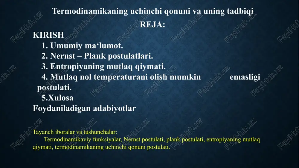 bo’ladi. masalan, entalpiya (h) va entropiya (s) funksiyalarning mutlaq qiymatini quyidagicha tasavvur qilish mumkin. masalan, entalpiya (h) va entropiya (s) funksiyalarning mutlaq qiymatini quyidagicha tasavvur qilish mumkin. h = ho – hx s = so + sx (1.) bu yerda h, s – mutloq qiymatlar ho, so – mutlaq nol temperatura t = o dagi qiymat, hx, sx – ma’lum temperaturadagi qiymat bilan mutlaq noldagi qiymatning farqi. bu tenglamalardan: g = (ho + hx) – t (so + sx) (2.) yoki ho, so temperaturaga bog’liq bo’lmagan kattalik dg = dhx – tdsx – (so + sx)dt (3.) bo’ladi. 2. nernst – plank postulatlari yuqorida bayon etilgan nazariyadan olingan natija va xulosalarni termodinamikaning i va ii qonunlaidan keltirib chiqarib bo’lmaydi, shunga muvofiq ba‘zida bu nazariya termodinamikaning iii qonuni deb ham ataladi. bu nazariya natijasida termodinamikaviy funksiyalarning mutlaq qiymatini hisoblashga imkon topildi. (vi. 1 – rasm): bu muammolarni yechimi nernst – plank …