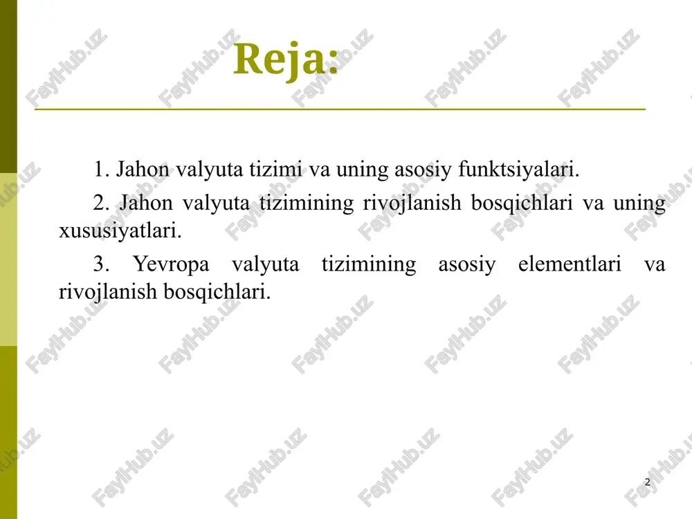 atlar milliy valyutasi barqarorligini ta’minlashni qo’llab-quvvatlash; jahon xo’jaligining turli iqtisodiy tizimlari o’rtasida samarali mehnat taqsimotini ta’minlash; jahon ishlab chiqarishi umumiy hajmining o’sishiga va aholi bandlik darajasining oshishiga erishish; milliy iqtisodiyotlarda barqaror iqtisodiy o’sishni ta’minlash; inflyatsiyani jilovlash va tashqi iqtisodiy muvozanatni ushlab turish va boshq. * * jahon valyuta tizimi rivojlanishiga sezilarli ta’sir koʻrsatgan omillar sifatida quyidagilarni qayd etish mumkin: mahsulot ishlab chiqarishning rivojlanish darajasi; xalqaro mehnat taqsimoti jadallashuvi darajasi; jahon bozori rivojlanish darajasi; xoʻjalik yuritishning tizimlari rivojlanish darajasi. * 2. jahon valyuta tizimining rivojlanish bosqichlari va uning xususiyatlari. jahon valyuta tizimining samarali hamda barqaror faoliyat koʻrsatishi uning jahon xoʻjaligi tuzilmasi va holatiga muvofiqlik darajasiga bevosita bog’liq boʻladi. xalqaro moliyaviy muhitda yuzaga kelgan bir qator oʻzgarishlar hamda mamlakatlar oʻrtasidagi iqtisodiy munosabatlar rivojlanishining ta’siri natijasida jahon valyuta tizimining amal qilish tamoyillari ham oʻzgardi. jahon valyuta tizimi rivojlanish jarayonida quyidagi bosqichlarini bosib oʻtdi: * parij valyuta tizimi (1867-1914 y.y.); genuya valyuta tizimi (1922-1929 …
