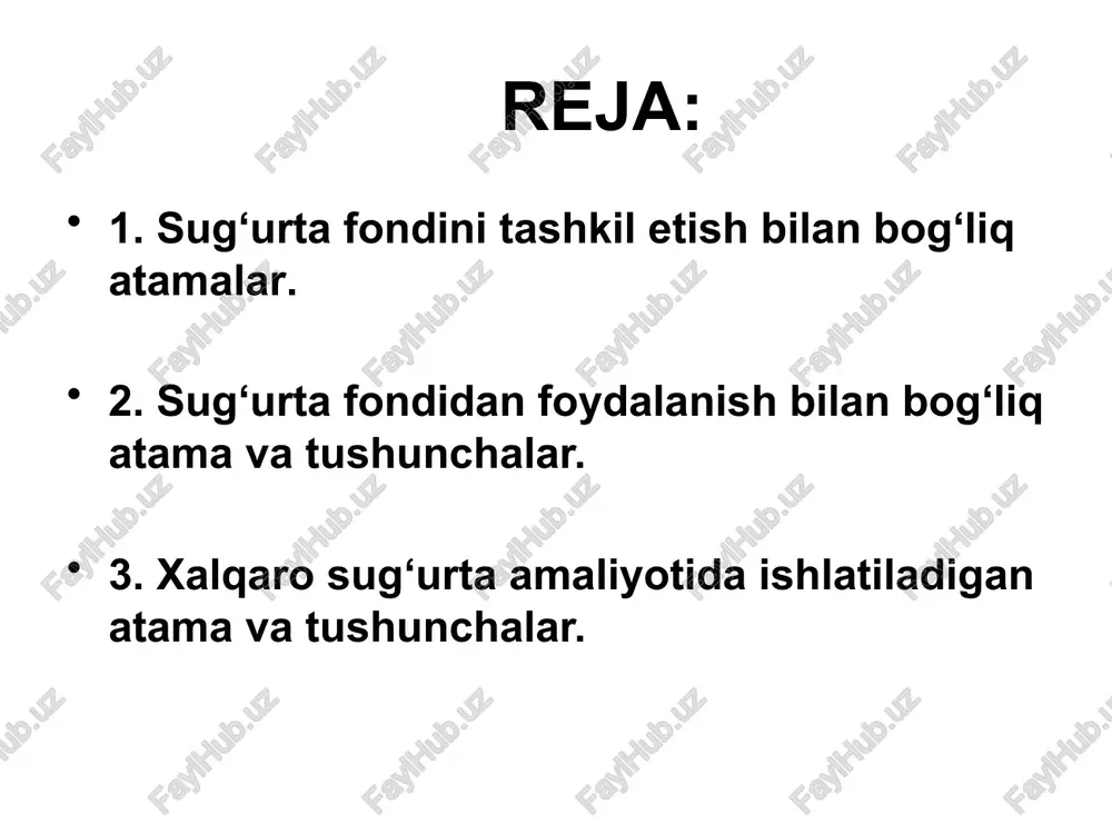 larning yagonalik va o‘zaro aloqadorlik yig‘indisidir. sug‘urta fanida risk tushunchasiga turlicha tariflar berilgan. jumladan, risk-bu konkret hodisa yoki hodisalar yig‘indisi bo‘lib, ular sodir bo‘lgan taqdirda sug‘urta kompaniyasi qoplamalar to‘laydi. risk sug‘urta ob’ekti bilan to‘g‘ridan to‘g‘ri bog‘langan. ob’ektga risk salbiy ta’sir ko‘rsatib, uni shikastlashi yoxud nobud qilishi mumkin. shu tufayli risk - bu yagona tasodifiy hodisa bo‘lib, uning ro‘y berishi inson ongiga yoki irodasiga bog‘liq emas. sug‘urta risklarining ro‘yxati sug‘urtalovchining sug‘urta javobgarligi hajmini tashkil etadi. risk bahosining puldagi ifodasi sug‘urta tarif stavkasini tashkil etadi; sug‘urta ob’ekti; sug‘urta javobgarligining turi. tibbiy sug‘urta- aholi sog‘ligini himoya qilish vositalaridan biri. sug‘urta hodisasi ro‘y berishi munosabati bilan, sug‘urta polisi orqali bepul tibbiy xizmat ko‘rsatilishi. tibbiy xizmat ko‘rsatish bilan bog‘liq xarajatlarni sug‘urta kompaniyasi to‘laydi. tibbiy sug‘urta majburiy yoki ixtiyoriy bo‘ladi mulkiy sug‘urta - turli ko‘rinishdagi mol-mulklarni saqlash bilan bog‘liq manfaatlar sug‘urta munosabatlarining ob’ekti hisoblangan, sug‘urtaning mustaqil tarmog‘i. sug‘urtalanuvchining shaxsiy mulki, uning qaramog‘ida joylashgan mol-mulklar sug‘urtalanishi mumkin. …