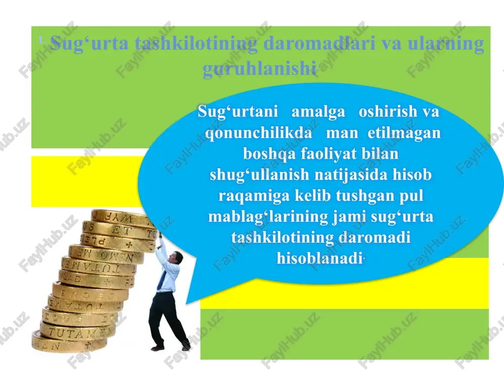rajatlari va ularning tarkibi sug‘urtalash bilan to‘g‘ridan to‘g‘ri bog‘liq bo‘lmagan xarajatlar sug‘urta operatsiyalarini amalga oshirish xarajatlari shartnomani amalga oshirish xarajatlari shartnomani tayyorlash va tuzish xarajatlari sug‘urta tashkilotlarida moliyaviy natijani shakllanishi sm=b+q+o‘ bu erda: sm- ishlab topilgan sug‘urta mukofotlari summasi; b – bevosita sug‘urtalash bo‘yicha sug‘urta mukofotlari summasi; q – qayta sug‘urtalash bo‘yicha sug‘urta mukofotlari summasi; o‘ – o‘zlashtirilmagan mukofotlar zaxirasining o‘zgarishi. uz=n+vt (1) (2) bu erda: uz – ko‘rilgan zararning umumiy netto qismi; n – ko‘rilgan zararning netto qismi; vt – qayta sug‘urtalash bo‘yicha vositachilik to‘lovlarining netto qismi. sug‘urta tashkilotlarida moliyaviy natijani shakllanishi yad=af+bf (3) u erda: yad – yalpi daromad yoki zarar (soliq to‘langunga qadar bo‘lgan daromad yoki zarar); af - asosiy faoliyatdan olingan daromad yoki zarar; bf – boshqa faoliyatdan daromad yoki zarar. af=mn±n±vt±yuk-dx bu erda: mn– sug‘urta mukofotlarining netto qismi; yuk – sug‘urta ishini yuritish xarajatlari; dx – davr xarajatlari. bf=bd-bx (5) (4) bu erda: bd – …