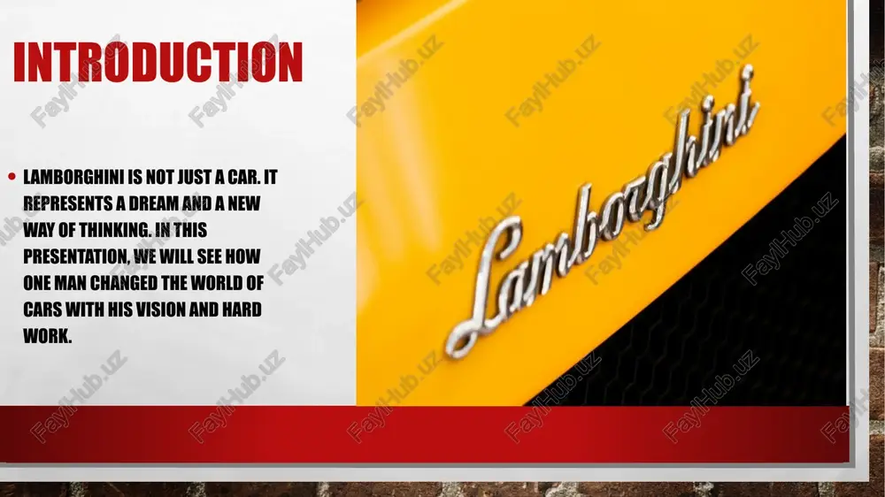 daring designs, and unstoppable passion, lamborghini gave hope to dreamers—proving that bold ideas can create legends forever. conclusion in conclusion , the lamborghini is more than a brand. it is a story of passion, innovation, and daring ideas. enjoy this journey through history and feel the spirit of a legend that continues to inspire millions. thank you for your attention !!! we hope that in the future, each of you will have your own lamborghini. image3.jpg image4.jpeg image5.jpeg image6.jpeg image7.jpeg image8.jpeg image9.jpeg image10.jpeg image11.jpeg image12.png image13.jpeg /docprops/thumbnail.jpeg