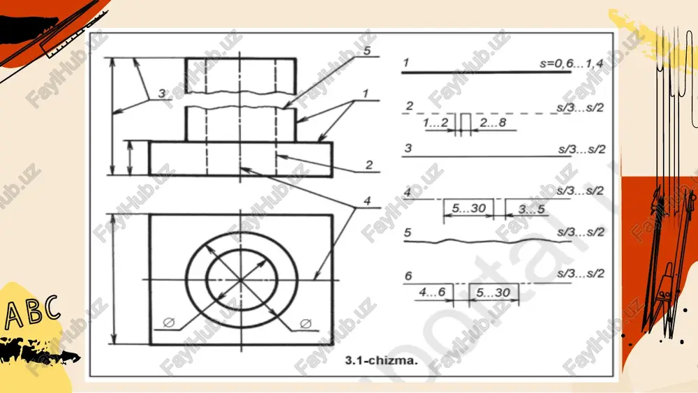 dan 6 mm gacha bo'lishi kerak. shtrixlar oralig'i 2 mm gacha olinadi. shuningdek, shtrixlar uzunligi va ular orasidagi masofa shu chizmaning barcha joyida bir xilda bo'lishi kerak. shtrix-punktir chiziqlarda shtrixlarning uzunligi taxminan 15 mm dan 30 mm gacha, shtrixlar orasidagi masofa 3 mm dan 5 mm gacha bo'lishi lozim. shtrixlar orasida nuqta biroz cho'zilgan nuqta ko'rinishida tasvirlanadi. shtrix-punktir chiziqlar aylana markazida nuqta bilan emas, balki shtrixlarning o'zaro kesishishi, oxirida shtrix bilan tugallanishi lozim. aylana diametri 12 mm dan kichikroq bo'lsa, ulardagi markaz chiziqlari tutash qilib chiziladi. o'lcham qo'yish qoidalari. o'lcham qo'yish qoidalari o'z dst 2.307:2003 da to'liq bayon qilingan. chizmaga qarab detaining qanday katta-kichiklikda chizilganini aniqlashga yordam beradigan o'lchamlar chizma o'lchamlari deyiladi. o'lchamlar o'lcham chiziqlari va o'lcham sonlari yordamida ko'rsatiladi. mashinasozlik chizmalarida chiziqli o'lchamlar hamma vaqt millimetr hisobida qo'yiladi. lekin mm belgisi chizmada tushirib qoldiriladi. burchak o'lchamlari daraja belgilari bilan ko'rsatiladi. chizma qanday masshtabda chizilishidan qat'i nazar, unga hamma vaqt …