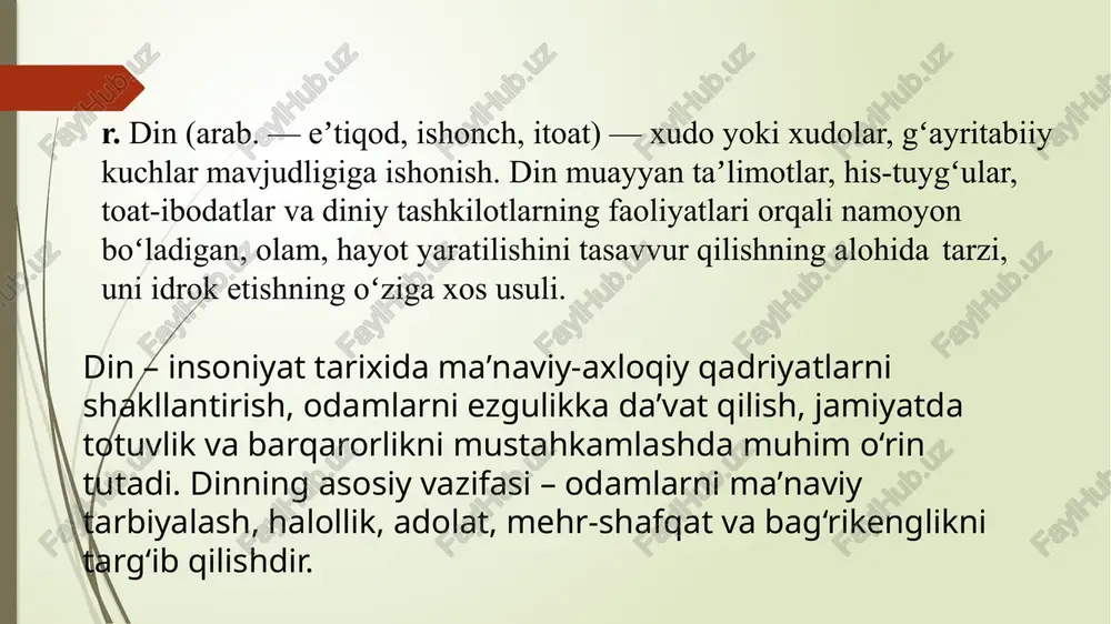 asosiy manba sifatida odob – axloq, ota – ona va karindosh – uruglarga xurmat, miskinlarga muruvvat . yetim – yesirlarga xayr – saxovat, uzgalar xakkiga xiyonat etmaslik va dustlik , birodarlik hamda uzaro hamkorlik singari ezgu g’oyalar mujassamlashgan. « kuron karim » poraxurlik, ugirlik va ichkilikbozlik , kimor, zino, yolgonchilik, giybat va noxak kon tukish kabi buzgunchi illatlarni koralaydi. demokratiya — (qadimgi yunoncha: δημοκρατία — „xalq hokimiyati“) — barcha insonlar tenglik bilan kollektiv qarorga kelish imkoniga ega siyosiy tuzum. demokratiya – xalq hokimiyati tamoyillariga asoslangan siyosiy boshqaruv shakli. demokratiyada so‘z va eʼtiqod erkinligi, inson huquqlari kafolatlanadi. dinning demokratik jamiyatdagi o‘rni shundaki, u insonlarning eʼtiqod erkinligini taʼminlab, fuqarolarning diniy qarashlarini hurmat qilish orqali jamiyat barqarorligini qo‘llab-quvvatlaydi. demokratik davlatda inson manfaati, qadr-qimmati, hayoti har narsadan yuqori turadi. bunday davlat oʻzini oʻzi boshqarish, koʻp partiyalilik, ommaviy axborot vositalarining erkin boʻlishi, fikrlar xilma-xilligiga sharoit yaratadi. biroq demokratiya hamma narsada xohlagancha erkinlik emas, qonunga asoslangan …
