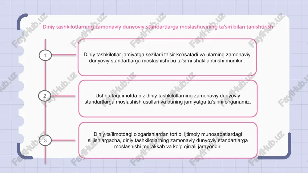 y diniy e’tiqodlarni zamonaviy jamiyat normalari bilan uyg‘unlashtirishdir. bu ko'pincha asosiy diniy qadriyatlarni saqlash va yangi g'oyalar va amaliyotlarni qabul qilish o'rtasida nozik muvozanatni talab qiladi. diniy tashkilotlarning zamonaviy dunyoviy standartlarga moslashuvi muvaffaqiyatlari zamonaviy dunyoviy standartlarga muvaffaqiyatli moslashgan diniy tashkilotlar o'z jamoalarida sezilarli ta'sir ko'rsatdi. bu tashkilotlar diniy va dunyoviy qadriyatlar o‘rtasidagi tafovutni bartaraf etib, yanada inklyuziv va bag‘rikeng jamiyatni yarata oldi. zamonaviy standartlarni qabul qilish orqali diniy tashkilotlar yangi a'zolarni jalb qilish va jalb qilish, ularning zamonaviy dunyoda doimiy dolzarbligini ta'minlashga muvaffaq bo'ldi. zamonaviy dunyoviy standartlarga moslashishda diniy yetakchilarning roli diniy tashkilotlar jamiyatga sezilarli ta'sir ko'rsatadi va ularning zamonaviy dunyoviy standartlarga moslashishi munosabat va xulq-atvorni shakllantirishda hal qiluvchi rol o'ynaydi. diniy yetakchilar o'z izdoshlarini zamonaviy dunyoviy qadriyatlar va me'yorlarni qabul qilishga undash orqali ushbu moslashuvni rag'batlantirishda ta'sirchan rol o'ynaydi. ularning yo'l-yo'riqlari va ta'limotlari an'anaviy diniy e'tiqodlar va tez o'zgaruvchan dunyo talablari o'rtasidagi tafovutni bartaraf etishga yordam beradi. diniy tashkilotlarning …