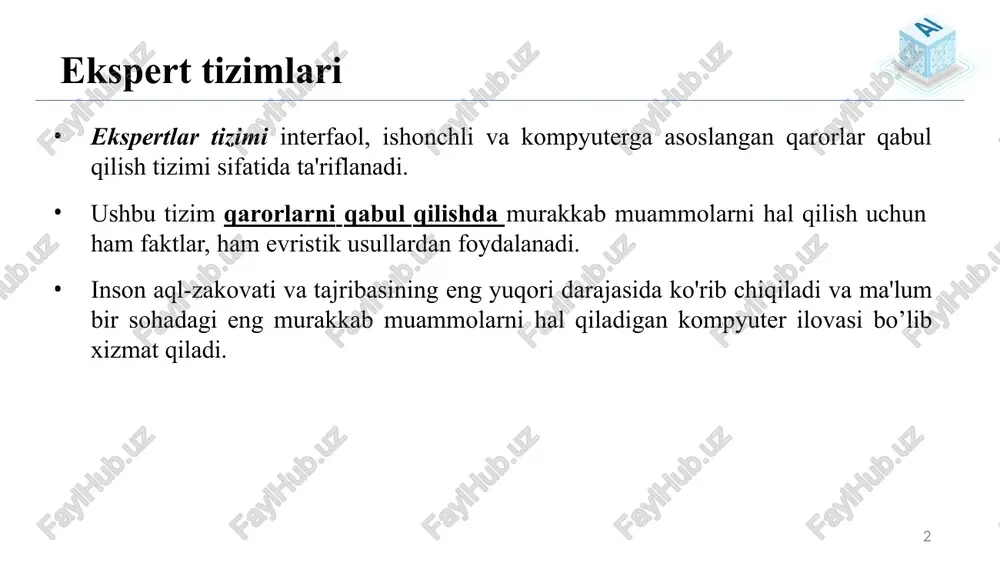 talari foydalanuvchi interfeysi – ekspert tizimining eng muhim qismi hisoblanadi va ushbu komponent foydalanuvchi so'rovini maxsus shaklda o’qib oladi va uni “mantiqiy operatorlar moduli” ga yuboradi, navbatida natijalarni foydalanuvchiga namoyish etadi. boshqacha aytganda, bu foydalanuvchiga mutaxassislar tizimi bilan aloqa o'rnatishga yordam beradigan interfeys. mantiqiy operatorlar moduli – ekspert tizimining miyasi sifatida ishlaydi va muammoni hal qilish uchun bilimlar bazasi asosida qurilgan qoidalar hamda qoniniyatlar to’plamidan foydalanadi, kerakli qonuniyatni o’zi avtomatik tanlaydi. ushbu komponent xulosalarni shakllantirishda ham yordam beradi. bilimlar bazasi – bu faktlar (qonuniyatlar) ombori qaralayotgan muammo sohasi haqidagi barcha bilimlarni saqlaydi. bu ma'lum bir sohaning turli mutaxassislaridan olingan bilimlar to’plami hisoblanadi 7 mantiqiy amallar xulosasi: forward chaining bu "keyingi qadamda nima bo'lishi mumkin?" savoliga javob berish uchun mo’ljallangan ekspert tizimining strategiyasi hisoblanadi. 8 mantiqiy amallar xulosasi: backward chaining ushbu strategiya yordamida ekspert tizimlari "nima uchun bunday bo'ldi?" degan savolga javob topadi. 9 ekspert tizimlarini qurish jarayoni muammo xususiyatlarini o’rganib …