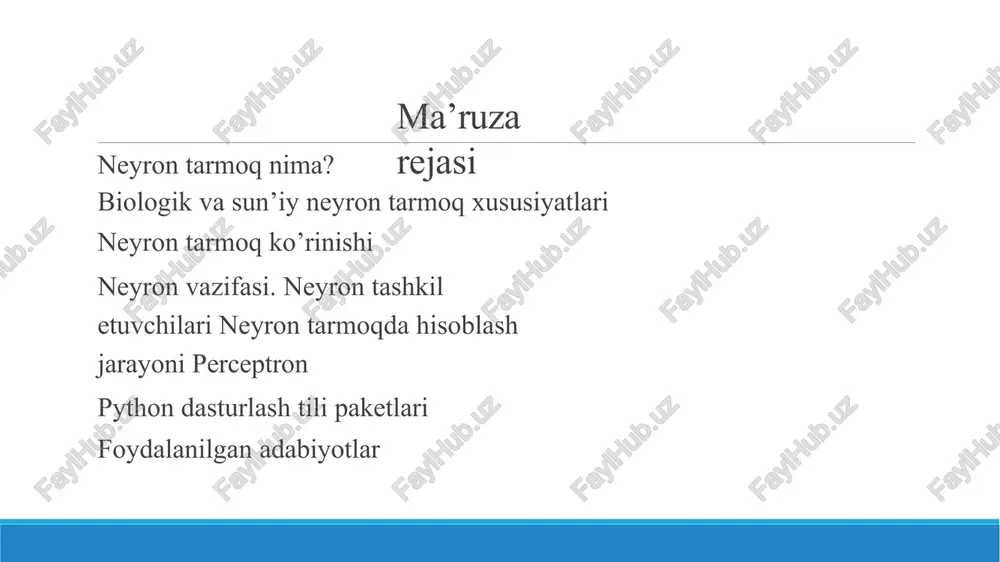 lash imkoniyatiga ega, xatolarga bardoshli ma’lumotlarni saqlash hajmi sinapsda ma’lumotlarni saqlaydi neyron tarmoq ma’lumotlarini qurilma xotirasida saqlaydi sun’iy neyron tarmoq ko’rinishi neyron tarmoq tashkil etuvchilari: kiruvchi qatlam [x(x1,x2,....,xn)] chiquvchi qatlam [y(y1,y2,...,yn)] yashirin qatlam(lar) [l(l1,l2,....,ln)] x y l1 l2 x1 x2 x3 x4 y1 y2 kirish qatlami chiqish qatlami 0-yashirin qatlam 1-yashirin qatlam w(weight) w(weight) w(weight) b(bias) b(bias) m a t n t a s v i r v i d e o a u d i o s i g n a l natija sun’iy neyron tarmoq ko’rinishi neyron tashkil etuvchilari x-parametr (kiruvchi ma’lumotlar) w(weight)-og'irlik koeffitsenti b(bias)-ozod had y=x*w+b (xususiy hol uchun) faollashtirish funksiyasi kiruvchi ma’lumotlar og’irlik koeffitsentlari chiquvchi ma’lumot ozod had chiziqli funksiya sigmoid funksiya giperbolik tangens oraliq diapazon [-1,1] oraliq diapazon [0,1]. faollashtirish funksiyalari faollashtirish funksiyalari barcha neyronlar bo’yicha hisoblashlar amalga oshirilganidan keyin quyidagi “sigmoid” yoki relu funksiyasi grafigi asosida shakllantiriladi va funksiya qiymati mos ravishda [0-1] va …