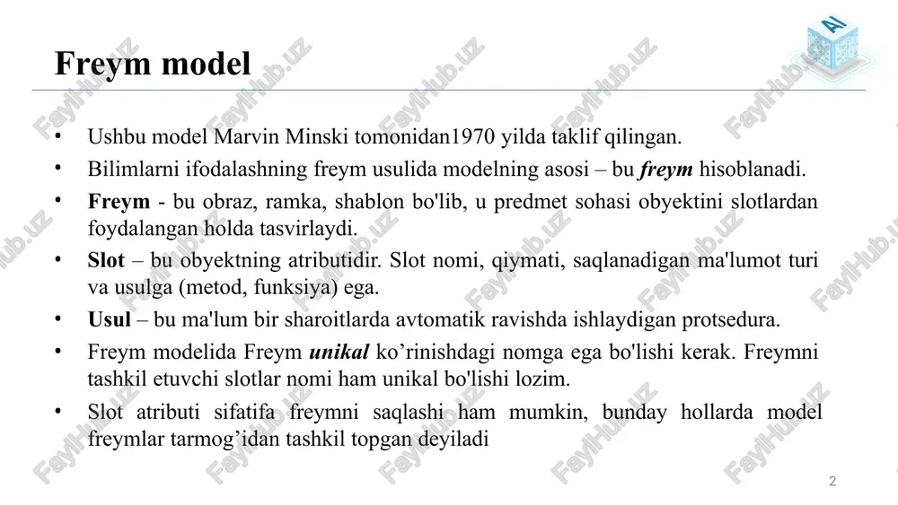 mlarni ifodalashning freymli modeli asosida intellektual tizimlarni loyihalash va yaratish texnologiyasi hisoblanadi. ushbu freymlarni ifodalash tili asosan freymlar modeli tarmog’ini loyihalashda va generatsiyalash uchun ishlatiladi. 8 freymlarda obyektlarni bog’lanishi. umuman olganda, ob'ektlar o'rtasidagi munosabatlarning uchta turi mavjud: generalization (umumlashtirish), aggregation (jamlash) association (uyushma) 9 generalization (umumlashtirish) yuqori sinf va uning kichik sinflari o'rtasidagi “a-kind-of" yoki “is- a” munosabatini bildiradi. misol uchun, avtomobil - bu transport vositasi yoki boshqacha qilib aytganda, avtomobil umumiy superklassdagi transport vositasining kichik sinfini ifodalaydi. har bir kichik sinf yuqori sinfning barcha xususiyatlarini meros qilib oladi. 10 generalization (umumlashtirish). 11 aggregation (jamlash) komponentlarni ifodalovchi bir nechta kichik sinflar bir bog'langan butunni ifodalovchi yuqori sinf bilan ‘a-part-of’ yoki ‘part-whole’ munosabatidir. masalan, dvigatel avtomobilning bir qismidir. 12 association (uyushma) turli sinflar o'rtasidagi ba'zi semantik munosabatlarni tavsiflaydi, ular boshqacha tarzda bog'liq bo'lmagan. misol uchun, janob black ning uyi, mashinasi va kompyuteri bor. uy, avtomobil va kompyuter kabi sinflar bir-biridan mustaqildir, …