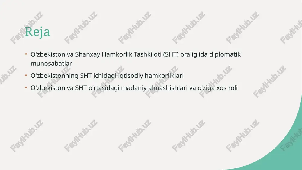 ekiston shtga 2001-yilda a'zo bo'lgan va inson huquqlari, xavfsizlik, va iqtisodiyot sohalarida hamkorlikni rivojlantiradi. 3 hamkorlikni kengaytirish o'zbekiston sht a'zol bo'lib, regional xavfsizlik va iqtisodiyotni mustahkamlashda ishtirok etishni o'zida oladi. sht bilan o'zbek diplomatik munosabatlarining bosqichlari sht bilan o'zbek diplomatik munosabatlarining bosqichlari oʻzbekiston uchun strategik ahamiyatga ega. oʻzbekiston bu tashkilot bilan xalqaro moliyaviy, siyosiy, va xavfsizlik sohalarida ishtirok etadi. key information: tashkilot bilan yaxshi munosabatlar, oʻzbek xavfsizligi. photo by joel heard on unsplash o'zbekiston va sht doimiy iqtisodiy hamkorliklari 01 doimiy iqtisodiy hamkorliklar o'zbekiston va sht o'rtasidagi doimiy iqtisodiy hamkorliklar, yangi investitsiyalar, va savdo munosabatlarini o'z ichiga oladi. 02 iqtisodiy rivojlanish o'zbekiston va sht doimiy iqtisodiy hamkorliklari, iqtisodiy rivojlanishni ta'minlashda katta rolini o'z ichiga oladi va yanada o'sish potentsialini yaratadi. 03 savdo munosabatlari savdo sohasidagi o'zgarishlar va iqtisodiy integratsiya o'zbek va sht o'rtasidagi savdo munosabatlarni rivojlantiradi va yangi imkoniyatlarni ochadi. sht a'zolari bilan o'zbekistonning savdo munosabatlari 1 sht savdo ittifoqi …