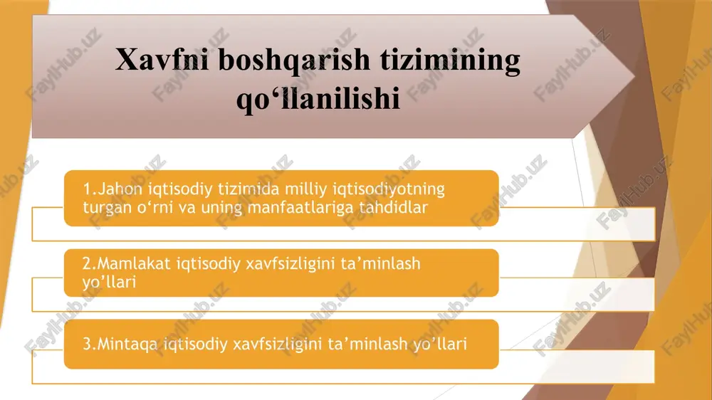 a xo‘jalik haayotining xalqaro miqyosda internatsionallashuvini ifodalaydi. buning oqibatida iqtisodiy makon vujudga kelmoqda. ushbu makonda xalqaro tovarlar, xizmatlar, xom ashyo resurslari, moliyaviy mablag’lar, kapital, ishchi kuchi bozorlari vujudga kelib, ular o‘rtasida o‘zaro aloqadorlik hamda bog’liqlik kuchaymoqda. jahon miqyosida global-texnologik, moliyaviy, axborot, madaniy tizimlar jadal ravishda rivojlanmoqda. milliy iqtisodiyot, xalqaro mehnat taqsimotiga ko‘ra, ixtisoslashuvi, o‘zining foydali qazilma boyliklari, geografik joylashuvi, fan-texnika taraqqiyoti, ijtimoiy-iqtisodiy rivojlanish darajasi, xalqaro savdo, xalqaro iqtisodiy faoliyatining faolligiga muvofiq jahon iqtisodiy tizimida o‘ziga xos o‘rinni egallaydi. jahon iqtisodiyotiga integratsiyalashish uchun milliy iqtisodiyot xalqaro hamkorlikka ochiq bo‘lishi, ya’ni ochiq iqtisodiyot tavsifiga ega bo‘lishi lozim. shuningdek, mamlakat ichki iqtisodiy sohasidagi xavfsizligi tabiiy, texnik-texnologik, infratuzilmaviy, ijtimoiy hamda boshqa makro va mikroiqtisodiy rivojlanish omillari, ichki immunitet va beqarorlik, tangliklar ta’siridan himoyalanish orqali ta’minlanadi. iqtisodiy xavfsizlikka tahdid soluvchi ichki omillarga quyidagilar kiradi: 7. qonunchilik rivojlanmaganligi, bir qancha iqtisodiy subyektlarning ichki va tashqi bozorda monopol holatda ekanligi g‘ayriqonuniy faoliyat ko‘rsatishi hamda huquqiy intizomning pastligi. …