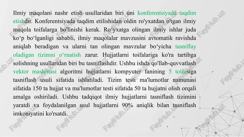 lgan. natija neyron tarmog'isiz tasnifga qaraganda yaxshiroq. shu bilan birga, boshqa tadqiqotlar fokuslangan brauzerni yaratish uchun naive bayes-dan foydalanadi. yana bir tadqiqot, twitter kiritishni bir necha guruhlarga ajratish uchun naive bayesdan foydalanadi rusdi afandi hisobot hujjatlarini hujjatlarning 30 ta oʻquv maʼlumotlari va 30 ta test maʼlumotlari bilan tasniflash uchun naive bayes algoritmidan foydalanadi. tadqiqot 86,67% aniqlikni beradi bundan tashqari, hujjatlarni tasniflash tf-idf yordamida amalga oshirildi, u tortish bosqichida o'zgartirildi. ushbu tadqiqotda bir xil atama har xil vaznga ega bo'ladi, bu atama qayerda ekanligiga bog'liq. keyin hujjatlar naive bayes algoritmi va frequency ratio accuulation method yordamida tasniflanadi. bundan tashqari, tf-idf hujjatlarni klasterlash uchun ham qo'llaniladi. winnowing - bu algoritm bo'lib, matn hujjati tarkibidagi jumlalarni k-grammgacha bo'lgan ba'zi belgilarga bo'lish va barmoq izi deb ataladigan xesh qiymatlari to'plamini ishlab chiqarish orqali o'xshashligini aniqlash uchun ishlatiladi. ushbu tadqiqotda matnli hujjatning xarakteristikasi sifatida barmoq izidan foydalaniladi, so‘ngra matnli hujjatlarni shu xususiyat asosida guruhlanadi. keyingi …