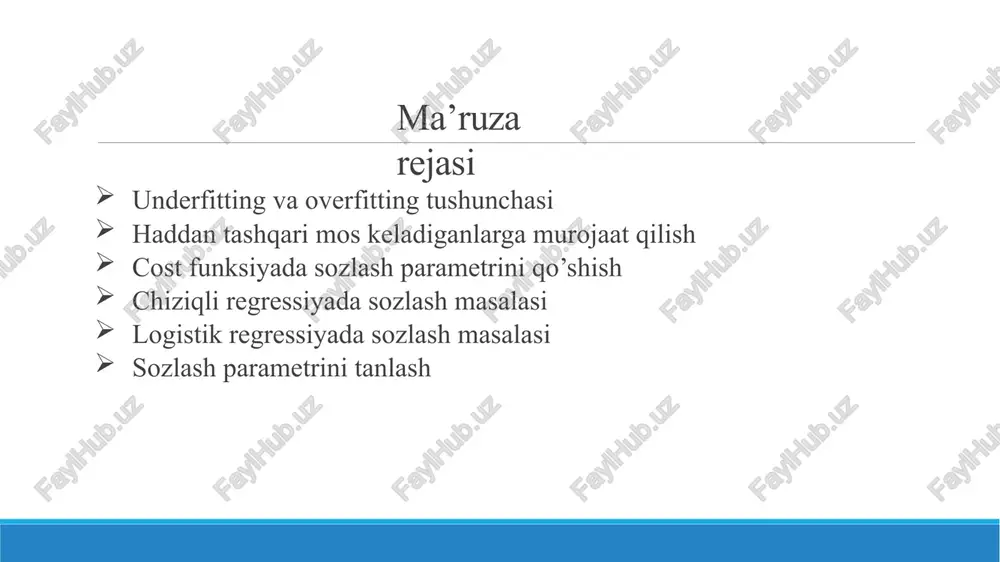 da yuqori xato ko'rsatkichlariga ega. bias va variance tushunchalari. foydalanilgan adabiyotlar aurelian geron, hands on machine learning with scikit-learn keras&tensorflow // second edition concepts, tools, and techniques to build intelligent systems, 2019, 510 pages https://www.geeksforgeeks.org/ml-types-learning-supervised-learning/ https://www.guru99.com/unsupervised-machine-learning.html https://www.w3schools.com/python/python_ml_linear_regression.asp https://www.w3schools.com/python/python_ml_multiple_regression.asp https://www.w3schools.com/python/python_ml_polynomial_regression.asp https://www.mathworks.com/help/stats/regress.html image1.png image5.png image6.emf image2.png image3.png image4.png image11.emf image6.png image7.png image8.png image9.png image10.png