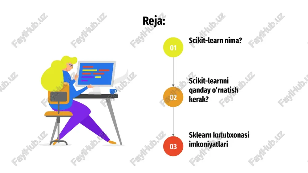 rganishdagi qiyinchilik. data science murakkab sanoatdir. siz nafaqat dasturlash, balki matematika, prognozlash va klaster algoritmlarini ham yaxshi bilishingiz kerak. chuqur nazariy asos talab qilinadi. modellarning o'zini noldan qurish kerak bo'lmasa-da, dizayner ularning qanday ishlashini tushunishi kerak.  scikit-o'rganishning kamchiliklari scikit-learnni qanday o’rnatish kerak? mashinani o'rganishda odatda kod bilan ishlash uchun maxsus vositalar qo'llaniladi: google colab yoki jupyter notebook . bular ma'lumotlar bilan ishlash uchun maxsus yaratilgan idelar bo'lib, alohida ilovalar yozishga emas, balki ma'lumotlarni bosqichma-bosqich qayta ishlashga imkon beradi. windows, macos va linux-da o'rnatish bir xil. o'rnatish jarayonida xatolarga duch kelsangiz, kutubxona uchun hujjatlarni o'qing . google colab yoki jupyter notebook bilan ishlashda siz python va scikit-learn-ni o'rnatishingiz shart emas , dasturlash tili va kutubxonasi allaqachon mavjud. agar siz visual studio code kabi boshqa ide-da kod yozishga qaror qilsangiz, avval python-ni o'rnating , so'ngra terminal orqali scikit-learn-ni o'rnating: scikit-learnni qanday o’rnatish kerak? agar siz allaqachon numpy va scipy-ni o'rnatgan bo'lsangiz, …