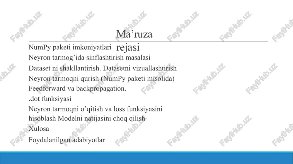 ish agar neyron tarmoq o’qitish davomida w=2 qiymatni qabul qilsa, unda berilgan dataset uchun quyidagi holat vujudga keladi. global mimumga erishish neyron tarmoqdagi parametrlarni yangilash (update) sikl asosida minimum xatolikka erishish asosida amalga oshiriladi. xatolik (error) minimal darajaga tushguncha og'irlik qiymati yangilab boriladi. agar siklning keyingi qadamida og'irlik qiymatiga nisbatan keyingi yangilanishlar yuz berib, xatolik ortadigan bo’lsa, siklni to’xtatiladi va natijada og'irlik kaeffitsentining qiymatiga erishamiz. bu esa yakuniy global minimumga erishish bilan baholanadi gradient tushish algoritmi gradient tushish - bu neyron tarmoq parametrlari uchun maqbul qiymatlarni topish uchun iterativ ravishda ishlaydigan mashinali o‘qitish algoritmi hisoblanadi. gradient tushish asosida og’irlik koeffitsentlarini o’zgartirish tasodidifiy yoki foydalanuvchi tomonidan belgilangan o’rganish darajasi (learning rate) va dastlabki parametr (initial values) qiymatlari asosida ishlaydi. algoritm ketma-ketligi quyidagicha: dastlabki qiymatlarni initsializatsiya qilish cost funksiyasini hisoblash og’irlik koeffitsentlarini yangilish (yangilash funksiyasi asosida) cost funksiyasi uchun minimal “cost” qiymatini qaytarish gradient tushish asosida w ni hisoblash formulasi loss funksiyasi …