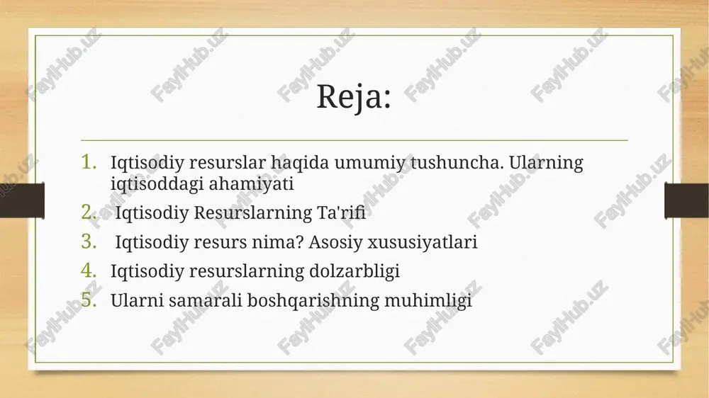 li resurs boshqaruvi orqali barqaror o‘sishga erishgan. misol: aqsh va xitoy kabi davlatlar tabiiy va inson kapitalidan unumli foydalangan holda iqtisodiy yetakchilik qilmoqda. cheklangan resurslar va ularning samarali taqsimlanishi tabiiy resurslar (neft, gaz, suv) cheklanganligi sababli ulardan oqilona foydalanish zarur. iste’mol va ishlab chiqarish o‘sishi resurslarning tugash xavfini oshiradi. misol: suv taqchilligi markaziy osiyo va afrikada dolzarb muammolardan biri hisoblanadi. texnologik taraqqiyot va innovatsiyalar resurslardan samarali foydalanish uchun yangi texnologiyalar ishlab chiqish muhim. sun’iy intellekt, avtomatlashtirish va raqamli iqtisodiyot resurslardan yanada samarali foydalanish imkonini beradi. misol: tesla kompaniyasi elektr transport vositalari orqali neftga bog‘liqlikni kamaytirishga harakat qilmoqda. atrof-muhit muhofazasi va barqaror rivojlanish iqlim o‘zgarishi va ekologik muammolar resurslardan samarali foydalanishni talab qiladi. qayta tiklanadigan energiya manbalariga o‘tish tobora dolzarb bo‘lib bormoqda. misol: yevropa ittifoqi "yashil iqtisodiyot" tamoyillariga asoslangan strategiyani joriy etmoqda. mehnat resurslarining ahamiyati ta’lim va malaka oshirishga sarmoya kiritish mehnat unumdorligini oshiradi. mehnat bozori global migratsiya va texnologik o‘zgarishlar …
