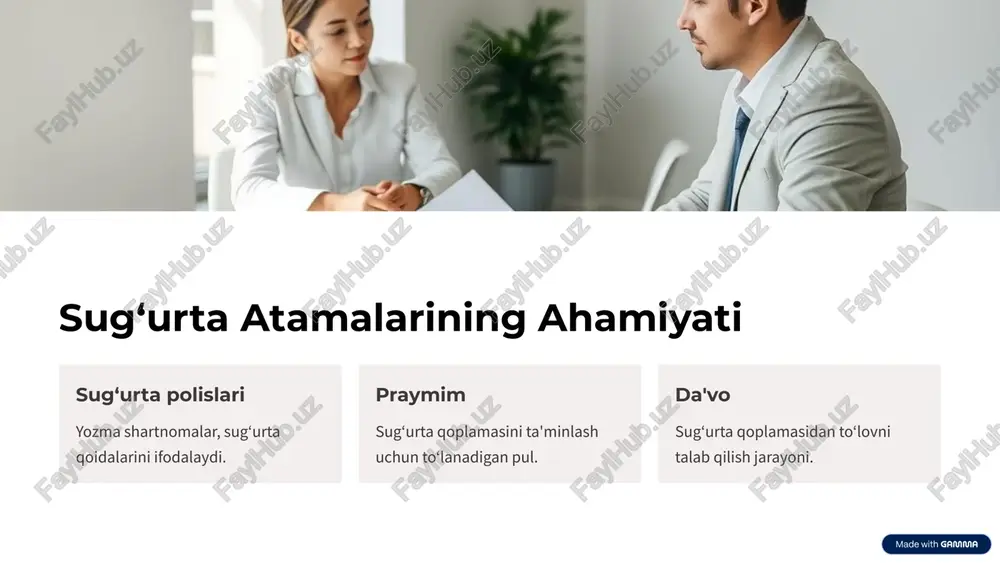 rtlarni chuqur tushuning. 2 amaliyotga tatbiq qiling yaxshi sug‘urta tanlovi uchun bilimlarni qo‘llang. 3 yangi bilimlar izlab boring sug‘urta sohasidagi yangilik va o‘zgarishlarni kuzating. 10 image1.png image2.png image3.png image4.png image5.png image6.png image7.png image8.png image9.png image10.png image11.png image12.png image13.png image14.png image15.png