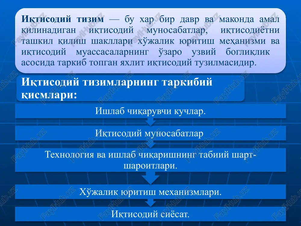 ijtimoiy munosabatlar hamda tatibotlarning alohida turlari vujudga keladi ularning barchasi jamiyatning ustqurmasini tashkil qiladi. ishlab chikarish usuli bilan, jamiyat ustqurmasi ijtimoiy - iqtisodiy formatsiya deyiladi. texnologiya — bu ishlab chiqarish omilarini uygunlashtirishning ma'lum bir usullari 4 jamiyat taraqqiyoti bosqichlarini bilishga turli xil yondashuvlar iqtisodiy tizimlar turkumlanishi turkumlashga yondashuvlar turkumlash mezonlari iqtisodiy tizim turlari i tsivilizatsion yondashuv 1. iqtisodiy jara-yonlarni boshqarish va uyg'unlashtirish mexanizmi 2. mulkchilikning hukmron shakli bozor iqtisodiyoti buyruqbozlik iqtisodiyoti aralash iqtisodiyot an'anaviy iqtisodiyot iii texnologik yondashuv ishlab chiqarishning texnologik usuli oddiy kooperatsiga asoslangan iqtisodiy tizim. manufakturaga asoslangan iqtisodiy tizim. yirik mashinalashgan ishlab chiqarishga asos-langan iqtisodiy tizim ii formatsion yondashuv ishlab chiqarish kuchlarining ri-vojlanish dara-jasiga ishlab chiqarish muno-sabatlarining mos kelishi ibtidoiy jamiyat quldorchilik feodalizm kapitalizm kommunizm (sotsializm) iqtisodiy tizimlar turkumlanishi turkumlashga yondashuvlar turkumlash mezonlari iqtisodiy tizim turlari v jamiyatning iqtisodiy rivojlanish darajasiga ko'ra jamiyatning iqtisodiy taraqqiyoti an'anaviy jamiyat o'tkinchi jamiyat industrial jamiyatga o'tish industrial jamiyat «ommaviy iste'mol» jamiyati iv …