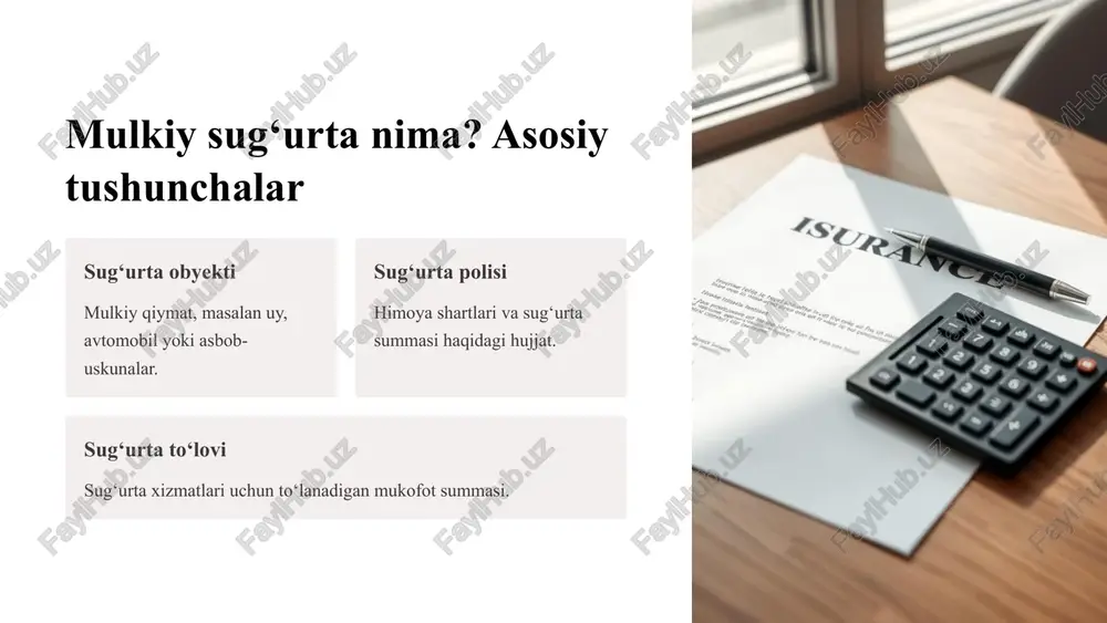 i to‘plash fotosuratlar, guvohlarning ma’lumotlari va bayonotlar. da’voni topshirish belgilanadigan muddatda kompaniyaga hujjatlarni taqdim etish. 6 mulkiy sug‘urtaning afzalliklari: xavfsizlik va moliyaviy barqarorlik himoya falokatlardan keladigan moliyaviy zararlarni kamaytiradi. moliyaviy barqarorlik tosatdan bo‘lgan xarajatlarni yengillashtiradi. ishonch oila va biznesni xavfsiz saqlash hissi beradi. 7 o‘zbekistonda mulkiy sug‘urta bozori: tendensiyalar va imkoniyatlar 1 bozor o‘sishi yillik sug‘urta polislarining ko‘payishi kuzatilmoqda. 2 raqamli platformalar sug‘urta xizmatlari onlayn tarzda kengaymoqda. 3 investitsiya imkoniyatlari yangi sug‘urta mahsulotlari va texnologiyalar rivojlanmoqda. 8 muvaffaqiyatli sug‘urta holatlari: misollar va saboqlar yong‘in zarari qoplanishi uy egasi muddatida da’vo qo‘zg‘atib xarajatlarni qoplatdi. avtomobil avariyasi sug‘urtasi tezkor xizmat yordamida moliyaviy zarar kamaytirildi. biznes mulki himoyasi ofisdagi yo‘qotishlar sug‘urta orqali bartaraf qilindi. 9 xulosa: mulkiy sug‘urta - kelajagingiz uchun sarmoya mulkiy sug‘urta sizni va mol-mulkingizni himoyalaydi. bu moliyaviy barqarorlik va tinchlik kafolatidir. kelajagingizni sug‘urtalab, noaniqliklarga tayyor bo‘ling. 10 e‘tiboringiz uchun rahmat image1.png image2.png image3.png image4.png image5.png image6.png image7.png image8.png image9.png image10.png …