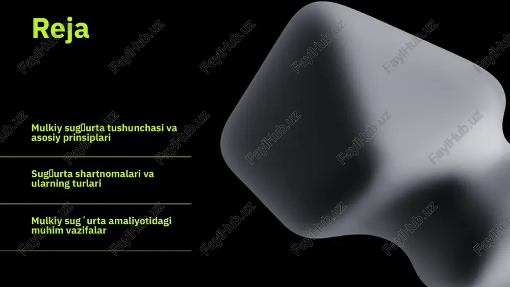 al qilish muddati. bu elementlar shartnomaning yuridik kuchini ta’minlaydi. sugʻurta shartnomalarining ahamiyati ular sugʻurta oluvchi va kompaniya o‘rtasidagi huquq va majburiyatlarni aniqlab, risklarni boshqarish va moliyaviy barqarorlikni ta’minlaydi. shuningdek, ular sugʻurta holatida muhofaza va kompensatsiya mexanizmini belgilaydi. sugʻurta shartnomalari turlari moliyaviy sugʻurta: banklar va investitsiya kompaniyalari oʻrtasida moliyaviy xavflarni qoplash uchun tuziladi. mulk sugʻurti: binolar, uchastkalar va mol-mulkni zarar yoki yoʻqotishdan himoya qilish uchun moʻljallangan. mas'uliyat sugʻurti: shaxslar yoki tashkilotlarning uchinchi tomon oldidagi majburiyatlarini qoplash uchun ishlatiladi. har bir sugʻurta turi o'z xususiyatlari va qamrov doirasiga ega, shuningdek, shartnoma tanlashda muhim ahamiyatga ega. sugʻurta shartnomalarining tuzilishi asosiy elementlar taklifnoma, qabul qilish va shartnoma shartlari shartnoma tuzilishining asosiy elementlaridir. taklif sugʻuruvchi tomonidan yuboriladi, qabul shartnomaning rasmiylashishi uchun zarur bo‘ladi. shartnoma tuzish jarayoni muhokama, rasmiylashtirish va yuridik muvofiqlikni o‘z ichiga oladi. bu jarayon shartnoma kuchga kirishi uchun muhim ahamiyatga ega. shartnoma tuzish jarayoni muhokama qilish, huquqiy rasmiylashtirish va kelishuvga erishishni o‘z ichiga …