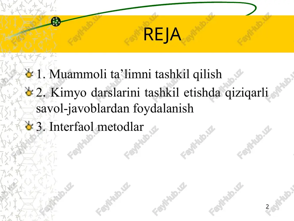 ammoni turli nuqtai-nazardan o'rganish, tahlil qilish; solishtirish, umumlashtirish; faktlarni aniqlash va qiyoslash; vaziyatga bog'liq xulosalar chiqarish; o'quvchilarning o'zlari aniq savollar qo'yishi va boshqalar. 6 muammoli ta'lim mashg'ulotlarini tashkil etish va boshqarish quyidagi bosqichlarni o'z ichiga oladi: 1. o'quv fani va darslar mavzusini o'rgatishda ular bilan bog'liq muammoli masalalarni belgilash; 2. ulardan muammoli vaziyatlar hosil qilish va amalda foydalanishni oldindan rejalashtirib borish; 3. o'quvchilarning tayyorgarlik daraj asini hisobga olish; 4. zarur o'quv vositalarini tayyorlash; 5. muammoli vaziyatdagi mavjud ziddiyatni ko'rsatish; 6. topshiriqni va uni yechish uchun yetarli shartlarni aniq bayon qilish; 7. o'quvchilarning muammoni hal etishda yo'l qo'yayotgan xatolarini, ularning sababini va xususiyatini ko'rsatish; 8. o'quvchilarning noto'g'ri taxminlari asosida chiqargan xulosalari oqibatini muhokama etib, to'g'ri yo'lni topishlariga ko'maklashish va boshqalar. 7 muammoli ta'lim jarayonini quyidagi uchta asosiy bosqichga ajratish mumkin: 1. muammoli vaziyat hosil qilish. 2. muammoni yechish taxminlarini shakllantirish. 3. yechimning to'g'riligini tekshirish (olingan yechim bilan bog'liq axborotni tizimlashtirish orqali). …