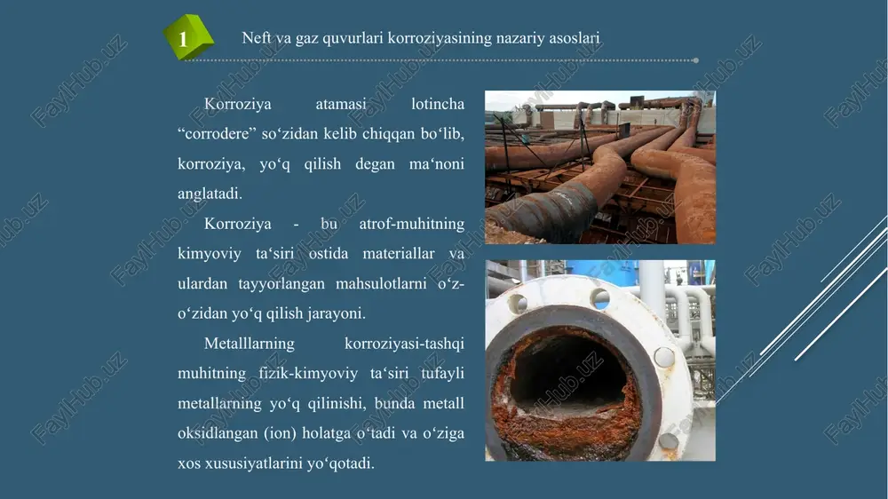 tik jihatdan qulay holatga oʻtishga intilishiga olib keladi. metall korroziyasining asosiy sababi maʻlum bir muhitda metallarning termodinamik beqarorligidir. metalllarning korroziyasi koʻpincha ularning oksidlanishiga va oksidlarga aylanishiga kamayadi. xususan, temirning korroziyasini soddalashtirilgan tenglama bilan tavsiflash mumkin: 4fe + 3o2 + 2h2o = 2fe2o3·h2o. gidratlangan temir oksidi fe2o3·h2o odamlar zang deb atashadi. bu ochiq jigarrang rangdagi boʻshashgan kukun. koʻpgina metallar korroziya paytida zich, metall bilan yaxshi bogʻlangan oksidli plyonka bilan qoplangan, bu havo kislorodi va suvning chuqur qatlamlarga kirishiga toʻsqinlik qiladi va shuning uchun metallni keyingi oksidlanishdan himoya qiladi. masalan, alyuminiy juda faol metall boʻlib, nazariy jihatdan tenglamaga muvofiq suv bilan oʻzaro taʻsir qilishi kerak edi: 2al + 3h2o = al2o3 + 3h2 korroziyaning turlari kimyoviy korroziya: bu turda metall oksidlanish jarayonida kimyoviy moddalarga ta'sir qiladi. masalan, kislorod bilan reaksiyaga kirishishi natijasida oksid hosil bo'ladi. elektroximik korroziya: bu tur elektr o'tkazuvchi muhitda, masalan, dengiz suvida, metallar orasidagi potentsial farq natijasida sodir bo'ladi. …