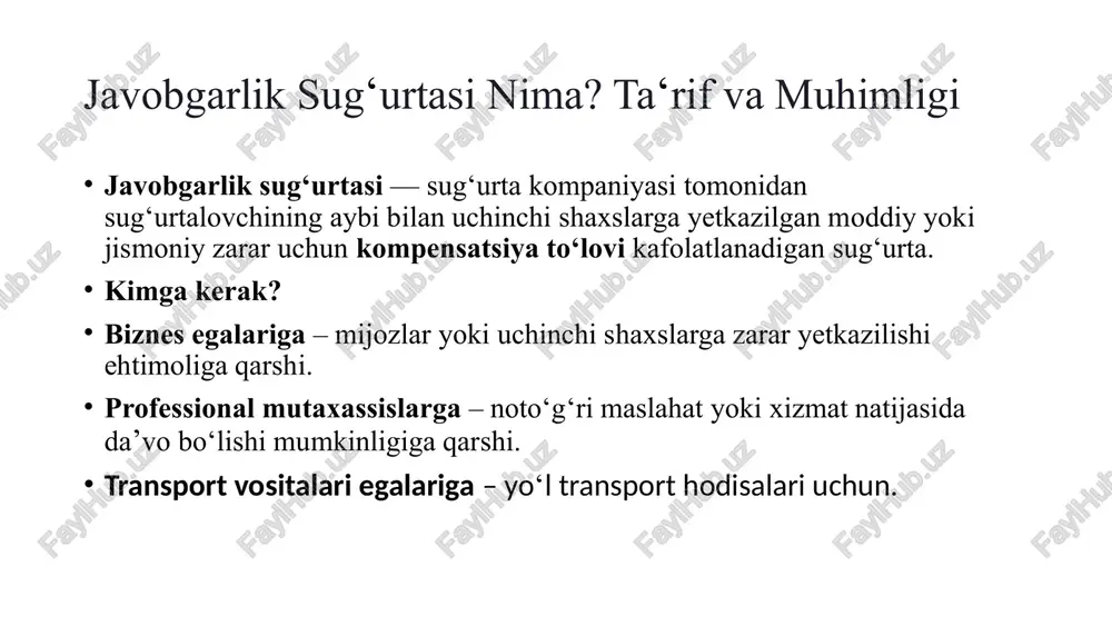 (majburiy) yo‘l-transport hodisasi vaqtida uchinchi shaxsga yetkazilgan zarar uchun. 3. ish beruvchining javobgarlik sug‘urtasi xodimga ish jarayonida yetgan tan jarohati yoki sog‘lig‘iga zarar uchun. 4. kasbiy (professional) javobgarlik sug‘urtasi mutaxassislik faoliyatidagi xatoliklar (maslahat, tashxis, huquqiy xizmat) tufayli zarar yetganida. 5. mahsulot javobgarligi sug‘urtasi ishlab chiqarilgan mahsulot iste’molchiga zarar yetkazganda. javobgarlik sug'urtasi qanday ishlaydi? da’vo topshirish tekshirish to‘lov hal qilinishi shikoyat yozilib, tekshiruvlardan o‘tgach, sug'urta to'lovi amalga oshiriladi. 6 sug'urta polisini tanlashda e'tibor qamrov doirasi nimalar qamrab olinganini tahlil qiling. to'lov miqdori premium va mukofotlarni taqqoslang. shartlar va chiqarishlar har qanday istisnow va qoidalarni tushuning. 7 javobgarlik sug'urtasining afzalliklari moliyaviy himoya xavfsizlik huquqiy yordam 8 1. moliyaviy xavflardan himoya uchinchi shaxslarga yetkazilgan zarar uchun katta tovon to‘lash ehtimoli mavjud bo‘lsa, sug‘urta bu xarajatlarni qoplaydi. sud xarajatlari, jarimalar va kompensatsiyalarni kamaytiradi. 2. yuridik muammolardan himoya nohaq yoki to‘g‘ri bo‘lgan da’volar bo‘yicha yuridik yordam va huquqiy xarajatlar sug‘urta kompaniyasi tomonidan qoplanadi. 3. obro‘ …