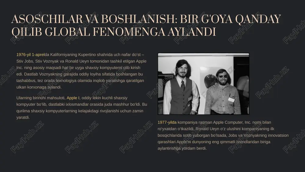 07) smartfonlar davrini boshlab berdi. mobil telefon, internet aloqasi va sensorli interfeysni birlashtirib, aloqa, ish va ko‘ngilochar sohalarda yangi standartlarni o‘rnatdi. ipad (2010) planshet kompyuterlar bozorini yaratdi va iste’molchilar uchun kontentni iste’mol qilish va yaratishning yangi usullarini taqdim etdi. apple watch, airpods va apple tv kabi mahsulotlar bilan apple turli segmentlarda ham yetakchi mavqeni saqlab qolmoqda, ularning har biri o‘z bozorida sezilarli ta’sir ko‘rsatdi va foydalanuvchilarning kundalik hayotiga integratsiya qilindi. 1.7.2013 3 ‹#› apple park: innovatsiya va dizaynning yuragi apple'ning kupertino shahridagi zamonaviy bosh qarorgohi – apple park – kompaniyaning innovatsiyalarga va dizaynga bo‘lgan sadoqatini aks ettiradi. ushbu ulkan va futuristik inshoot 2017-yilda ochilgan bo‘lib, u stiv jobsning so‘nggi loyihalaridan biri edi. uning dumaloq shakli va keng yashil maydonlari xodimlar uchun ilhom beruvchi va hamkorlikni rag‘batlantiruvchi muhit yaratishga mo‘ljallangan. apple park nafaqat arxitektura mo‘jizasi, balki barqarorlik va ekologik tozalik tamoyillariga sodiqlikni ham namoyish etadi. binoning 80% dan ortig‘i yashil maydonlar …