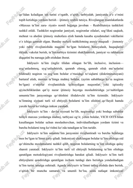 mamlakatlarda «maxsus ta’lim zaru- riyati» nomli hujjatga javoban – reabilitatsiya tashkiloti tashkil etildi. tashkilot nogironlar jamiyati, nogironlar oilalari, sog‘likni saqlash, mehnat va aholini ijtimoiy muhofaza etish hamda kasaba uyushmalari vakillarini o‘z ichiga qamrab olgan. bunday nufuzli tashkilotning asosiy maqsadi – jismoniy yoki ruhiy rivojlanishida nuqsoni bo‘lgan bolalarni himoyalash, huquqlarini tiklash, vakolat berish, ta’lim-tarbiya tizimini shakllantirish, jamiyat va rahbariyat diqqatini bu narsaga jalb etishdan iborat. inklyuziv ta’lim (ingliz tilidan olingan bo‘lib, inclusive, inclusion— uyg‘unlashmoq, uyg‘unlashtirish, qamrab olmoq, qamrab olish ma’nolarini bildiradi) nogiron va sog‘lom bolalar o‘rtasidagi to‘siqlarni (diskriminatsiyani) bartaraf etish, maxsus ta’limga muhtoj bolalar, (ayrim sabablarga ko‘ra nogiron bo‘lgan) o‘smirlar rivojlanishida uchraydigan nuqsonlar yoki iqtisodiy qiyinchiliklardan qat’iy nazar ijtimoiy hayotga moslashtirishga yo‘naltirilgan umumta’lim jarayoninga qo‘shishini ifodalovchi ta’lim tizimidir. inklyuziv ta’limning siyosati turli xil ehtiyojli bolalarni ta’lim olishini qo‘llaydi hamda yaxshi hayot ko‘rishiga imkon yaratadi. inklyuziv ta’lim - davlat siyosati bo‘lib, nogironligi yoki boshqa sabablar tufayli maxsus yordamga muhtoj, tarbiyasi og‘ir, yetim …