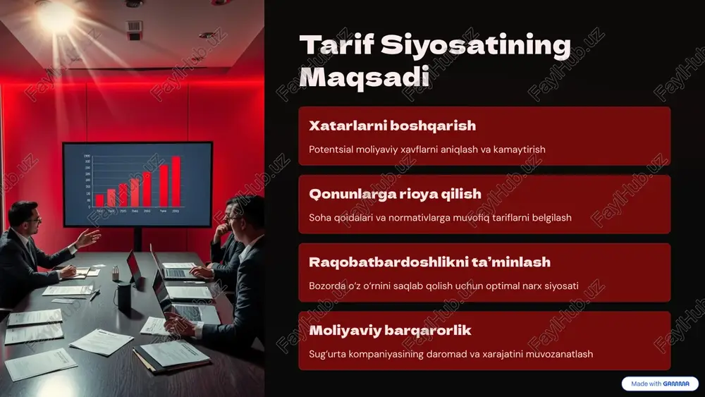jlariga moslashuv yuqori sifatli xizmat adolatli tariflar va oshkoralik 8 tarif siyosati natijalari 1 barqaror daromad dalolatli tarif siyosati kompaniyani mustahkamlaydi 2 bozor raqobati yuqori sifat va yaxshi narxlar bozorni kengaytiradi 3 mijoz ishonchi tuzilgan tariflar mijozlarning ishonchini oshiradi 9 kelajakdagi tarif siyosati yo‘nalishlari innovatsion texnologiyalar joriy etish ai va katta ma’lumotlardan foydalangan holda tariflarni takomillashtirish qonunchilikni yangilash bozor talablariga mos ravishda normativ bazani takomillashtirish mijoz markazlashgan yondashuv individual ehtiyojlarga moslashgan tariflar yaratish 10 image1.png image2.png image3.png image4.png image5.png image6.png image7.png image8.png image9.png image10.png image11.png image12.png image13.png image14.png image15.png