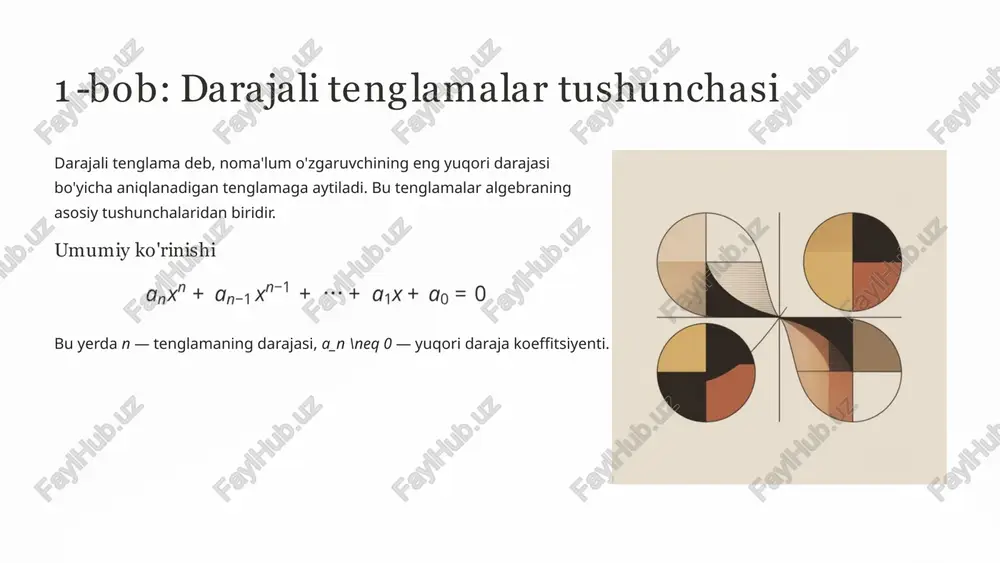 yechimni vizual ravishda aniqlash mumkin. tengsizlik belgisiga qarab f(x) 0: parabola x o'qidan yuqorida yechim intervalini aniqlash ildizlar orasidagi sohani tekshirish ildizlardan tashqaridagi sohalar intervallarni bo'yash usuli yechim usullari grafik usul tenglamaning grafigini chizib, x o'qi bilan kesishish nuqtalarini topamiz. bu usul vizual va tushunishga oson. algebraik usul formulalar va algebraik almashtirishlar yordamida ildizlarni hisoblaymiz. aniq natijalar beradi. intervallar usuli ildizlarni topib, son o'qini intervallarga bo'lib, har bir intervalda funksiya ishorasini aniqlaymiz. har bir usul o'ziga xos afzalliklarga ega. muammoning turiga qarab eng mos usulni tanlash muhim. ko'p darajali tenglamalar uchinchi va undan yuqori darajali tenglamalar murakkab yechimlarga ega bo'lishi mumkin. bu tenglamalar uchun maxsus usullar qo'llaniladi. 3-darajali tenglama kub tenglama, 1-3 ta haqiqiy ildizga ega 4-darajali tenglama kvartik tenglama, ferrari formulasi yordamida yechiladi yuqori darajalar 5-darajadan yuqori tenglamalar uchun umumiy formula yo'q, sonli usullar qo'llaniladi tarixiy fakt: abel-ruffini teoremasi bo'yicha, 5-darajali va undan yuqori darajali tenglamalar uchun radikallarda umumiy …