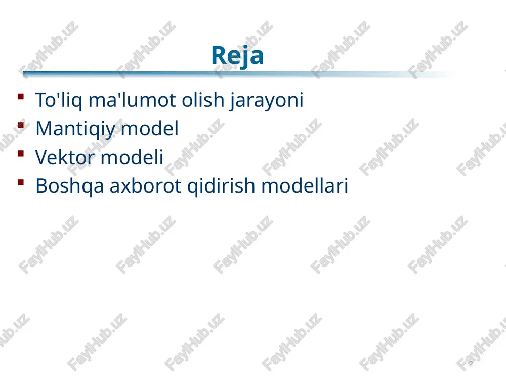 . bu modellar ma'lumotni vektorlar (sonlar) ko'rinishida ifodalaydi, shuningdek, har bir ma'lumotni o'z ichiga jamlab, ularga ta'riflash va ulardan farqli ma'lumotlarni aniqlash uchun ishlatiladi. 8 axborot qidirishda eng ko'p ishlatiladigan vektor modellari: tf-idf (term frequency-inverse document frequency): bu modelda har bir so'zning hujjatdagi ko'rsatkichini (tf) va umumiy ma'lumotlar bo'yicha ko'rsatkichini (idf) hisoblash orqali so'zning ahamiyati baholangan vektor ko'rinishida ifodalaydi. word2vec: bu model har bir so'zni o'zining konteksti bilan bog'liq bo'lgan vektor ko'rinishida ifodalaydi. u so'zning ko'rsatkich o'zgaruvchanliklarini o'rganib, ularni vektor ko'rinishida ifodalaydi. doc2vec (paragraph vector): bu model, to'liq ma'lumotlarni (matnlar, iboralar yoki hujjatlar) o'zining vektori sifatida ifodalaydi. u har bir ma'lumot uchun xususiy vektor tuzishda ishlatiladi. 9 har bir hujjat d tf'idf qiymatlarining vektori sifatida qaraladi har bir hujjatga qidirish balini olish uchun hujjat va so'rov vektorlari o'rtasidagi o'xshashlikni hisoblaydi . bir xil ma'lumotlarga tegishli hujjatlar vektor makonida bir-biriga yaqin joylashgan bo’ladi. j j dj qj  vektor modeli 10 …