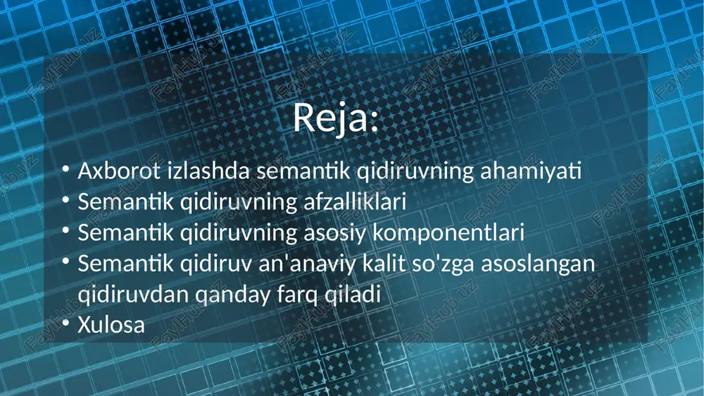 asosiy tushuncha bilan ishlaydi: semantik xaritalash, ya'ni har qanday so'z / ibora va tegishli so'zlar yoki tushunchalar to'plamining o'zaro bog'liqligini o'rganish. semantik kodlash, ya'ni google-ga har bir sahifada qanday ma'lumotni topish mumkinligini yaxshiroq tushuntirish uchun kodlashdan foydalanish. xulosa oddiy qilib aytganda, semantik tahlil bu qidiruv algoritmi, qaytadigan veb-sahifalar va qidiruv tizimining foydalanuvchilari o'rtasidagi bo'shliqni to'ldirishga urinishdir: inson biror narsani topishni xohlaydi va qidiruv tizimining ikkita vazifasi bor - foydalanuvchini nimani xohlashini tushunish va bu maqsadga eng mos keladigan veb-hujjatlar bilan moslashish. qidiruv mexanizmi nimani topishni xohlayotganini tushunishi kerak. semantik tahlil qidirish so'rovining maqsadini yaxshiroq tushunish uchun ishlatiladi qidiruv mexanizmi ushbu so'rovning maqsadini indeksdagi veb-sahifalarga mos kelishi kerak. semantik kodlash yordamida qidiruv tizimiga sahifada nima borligini va so'rovning maqsadiga mos kelishini tushuntirish uchun foydalanish mumkin. 10 image1.jpg image2.jpg image3.png image4.png /docprops/thumbnail.jpeg