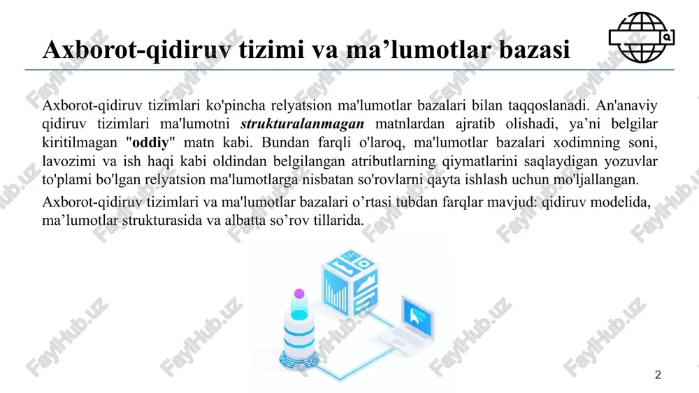 n daraxtdir. xml elementi (xml element) – bu uning har bir tugunlaridir. u ochish va yopish teglari (teg) yordamida yoziladi. element bir yoki bir nechta xml atributlariga ega bo'lishi mumkin. xml atributi – bu elementni xususiyatlarni ifodalash uchun ishlatiladi (masalan element talanasi biror qiymat yozilgan bo’lsa, masalan 10 bu element atributida ta’riflanish mumkin, metrics=“kg”) xml hujjatida scene elementi va ikkita teg bilan chegaralangan. u vii qiymatiga ega bo’lgan number atributga va ikkita kichik element title va verse ega atributga ega. 5 xml ning daraxt ko’rinishidagi tuzulishi daraxtning barg tugunlari (leaf nodes) matndan iborat, masalan, shakespeare, macbeth va macbeth's castle (makbet qal'asi). daraxtning ichki tugunlari a (internal nodes) hujjat tuzilishini (title, act, scene) yoki metama’lumot (author) funksiyalarini ifodalaydi. document object model (dom) – bu xml hujjatlariga ruxsatlilikga ega bo’lish va qayta ishlash standarti hisoblanadi. 6 xml-ni qidirishdagi qiyinchiliklar xml-ni qidirishdagi qiyinchiliklar – bu strukturalangan qidiruvni strukturalanmagan qidirishdan ko'ra qiyinlashtiradigan bir qator …