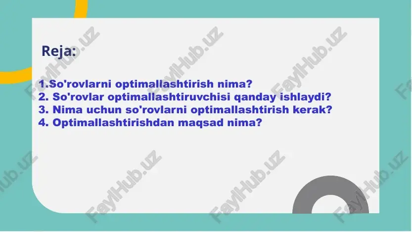 , elektron kutubxonalardagi ma'lumotlar, tadbirlar, forumlar va boshqa manbalardan olingan bo'lishi mumkin. so'rovni tahlil qilish: qo, berilgan so'rovninigizni tahlil qiladi. bu jarayon, so'rovninigizning mazmuni, maqsadi va asosiy savollarini tushunish orqali boshlanadi. tahlil, so'rovning yaxshi yoki yomon bo'lishi uchun muhim ma'lumotlarni aniqlashga yordam bera oladi. optimal javob tuzish: qo, olingan ma'lumotlar asosida so'rovga optimal javobni tuzishga yordam bera oladi. bu, texnologik algoritmlar va dasturlardan foydalanish orqali amalga oshiriladi. natijalarni baholash va o'zgartirish: qo, olingan javoblarni baholash, sinovdan o'tgach, tahlil qilish va foydalanuvchilar tomonidan olingan kamchilik (feedback) asosida natijalarni o'zgartirish uchun ma'lumotlar to'plab olishni o'z ichiga oladi. yangiliklar bilan tanishish: qo, so'rovga javob bermoq uchun internetdagi yangi ma'lumotlarni va o'zgarishlarni tanishish uchun monitoring qiladi. bu, so'rovninigizning so'nggi versiyasini yaratish va yangi ma'lumotlar asosida yangilashga imkon beradi. yaxshi natijalarga olib chiqish: so'rovlarni optimallashtirish, olingan javoblar va natijalar ko'rsatadigan yaxshi natijalarni olish maqsadida amalga oshiriladi. bu, so'rovni yaxshi tuzish, to'g'ri javobni topish va foydalanuvchilarga …