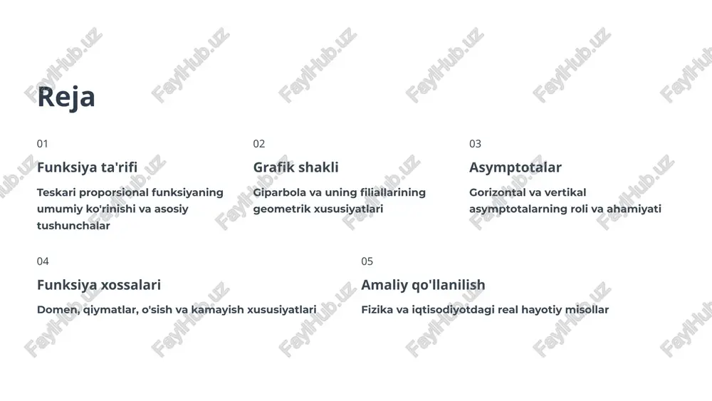 xatti-harakatining chegaralarini belgilaydi va grafik geometriyasini tushunishda kalitiy rol o'ynaydi. funksiyaning domeni va qiymatlar to'plami domen (aniqlanish sohasi) d(f) = ℝ \ {0} funksiya barcha haqiqiy sonlarda aniqlangan, faqat x ≠ 0 bo'lishi kerak, chunki nolga bo'lish mumkin emas. qiymatlar to'plami e(f) = ℝ \ {0} funksiya barcha haqiqiy qiymatlarni qabul qiladi, faqat y ≠ 0, chunki k/x hech qachon nolga teng bo'lmaydi. k ning ishorasi grafiga ta'siri k > 0 (musbat koeffitsient) grafik i va iii choraklarda joylashadi x va y bir xil ishoraga ega x > 0 bo'lsa, y > 0 x 0 bo'lsa, y 0 misol: y = -2/x, y = -5/x grafik solishtirish: k ning turli qiymatlari y = 2/x grafigi musbat koeffitsient bilan funksiya i va iii choraklarda joylashgan. grafik koordinata boshidan uzoqlashgan sari tekislanadi. x = 1 da y = 2 x = 2 da y = 1 x = -1 da y = …