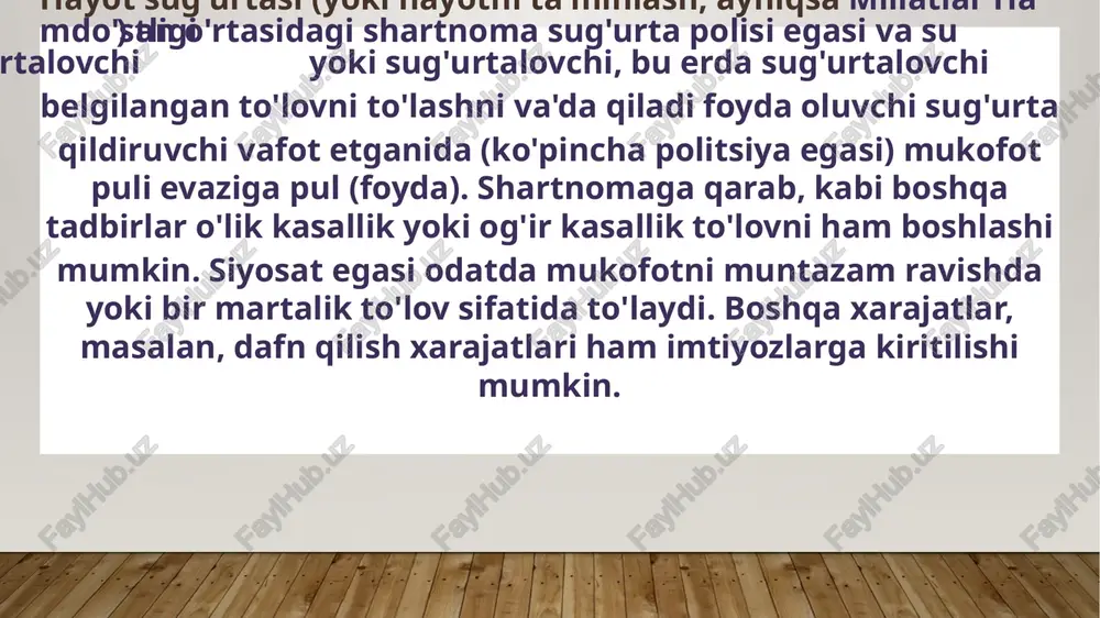 kki yil o'tgach; ba'zi davlatlarda qonuniy ravishda o'z joniga qasd qilish to'g'risidagi bir yillik shartnoma taqdim etiladi). sug'urtalangan shaxsning ariza bo'yicha har qanday noto'g'ri ma'lumotlari ham bekor qilish uchun asos bo'lishi mumkin. aqshning aksariyat shtatlari raqobatdoshlikning maksimal muddatini belgilaydi, ko'pincha ikki yildan oshmaydi. sug'urtalangan shaxs ushbu muddat ichida vafot etgan taqdirdagina sug'urta qildiruvchi noto'g'ri talqin qilish asosida da'vo bilan da'vo qilish va da'vo to'lash yoki rad etish to'g'risida qaror qabul qilishdan oldin qo'shimcha ma'lumotlarni talab qilish uchun qonuniy huquqga ega bo'ladi. xarajatlar, sug'urtalanish va anderrayting sug'urta kompaniyasi siyosat narxlarini (mukofotlarni) da'volarni moliyalashtirish, ma'muriy xarajatlarni qoplash va foyda olish uchun etarli darajada hisoblab chiqadi. sug'urta narxi o'lim jadvallari yordamida aniqlanadi aktuariylar. o'lim jadvallari - bu turli yoshdagi odamlarning kutilayotgan yillik o'lim ko'rsatkichlarini ko'rsatadigan statistik statistik jadvallar. oddiy qilib aytganda, odamlar qarishi bilan o'lishi ehtimoli ko'proq va o'lim jadvallari sug'urta kompaniyalariga xavfni hisoblashi va yoshga qarab mukofot miqdorini oshirishi mumkin. bunday hisob-kitoblar …