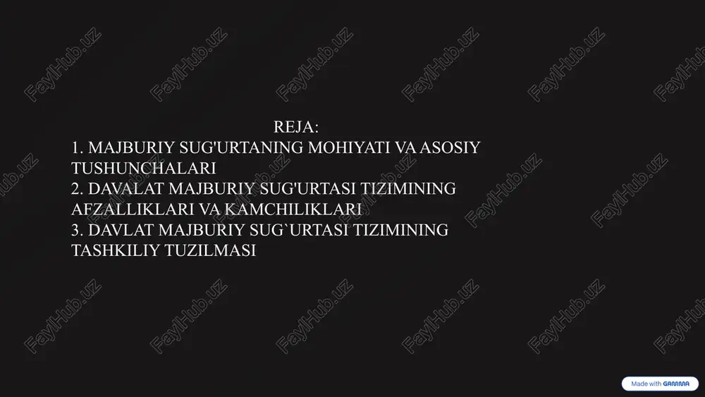 himoya maqsadida yaratilgan. barqaror iqtisodiy rivojlanish: sug'urta iqtisodiyotda barqarorlikni ta'minlaydi. tashkilotlar va korxonalar uchun sug'urta, ular yuzaga kelishi mumkin bo'lgan noxush hodisalardan himoyalanish imkonini beradi, shuningdek, iqtisodiy jarayonlarni muvozanatli yuritishga yordam beradi. sug'urta tizimi nafaqat shaxsiy xavfsizlikni ta'minlaydi, balki iqtisodiy faoliyatning samarali va barqaror bo'lishiga ham hissa qo'shadi. 4 majburiy sug'urtaning ta'rifi: majburiy sug'urta — bu davlat tomonidan jismoniy va yuridik shaxslarga nisbatan belgilangan va amalga oshirilishi shart bo'lgan sug'urta tizimi. majburiy sug'urtada sug'urta qilish faqatgina huquqiy normalarga muvofiq amalga oshiriladi va bunda sug'urta tashkiloti muayyan xavf-xatarlar uchun to'lovlarni amalga oshiradi. misol uchun, avtotransportlar uchun sug'urta, mehnatga qobiliyatsizlik sug'urtasi yoki pensiya sug'urtasi. majburiy sug'urtaning turlari: avtotransport sug'urtasi: o'zbekiston va boshqa ko'plab davlatlarda majburiy avtosug'urta tizimi mavjud. bu sug'urta yo'lda yuzaga kelgan baxtsiz hodisalarda yo'lovchilar, yo'lkachilar va boshqa ishtirokchilarga moliyaviy zararlarni qoplashga yordam beradi. (tvefjms) – transport vosita egalarining fuqarolik majburiyatlarini majburiy sug’urta qilish 5 ish beruvchining mehnat majburiyatlarini bajarishi bilan …