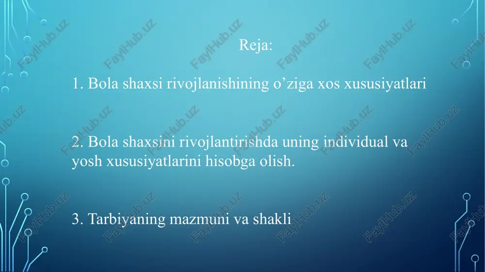 ular (burch, vijdon, mas’uliyat, muhabbat) madaniyati aniq tarixiy ijtimoiy sharoitda yaratiladi va shaxsning shakllanishiga ta’sir, etadi. psixologiya va pedagogika odan shaxsi faoliyati va muomalada shakllanadi hamda rivojlanadi, deb ta’kidlaydi. agar odam ijtimoiy faoliyatning turli xillarida: o’quv, ishlab chiqarish faoliyati va hokazolarda ishtirok etsa, bu faoliyat shaxsni rivojlantiradi, lekin faoliyat odamni u yoki bu ijtimoiy munosabatlardan chegaralab qo’ysa, u yo shaxsning rivojlanishiga to’sqinlik qiladi, yoki uning rivojlanishini buzadi. shaxsning yetakchi xususiyatlari shaxsga, uning ichki dunyosiga tashqi ta’sir natijasida rivojlanadi. shaxsning ma’naviy mazmuni — bu shaxsning o’z ichki ishining yakuni bo’lib, bu jarayonda tashqi ta’sirlar qayta ishlanadi va o’zlashtiriladi. e’tiboringiz uchun raxmat! image3.jpg image4.jpg image2.png /docprops/thumbnail.jpeg