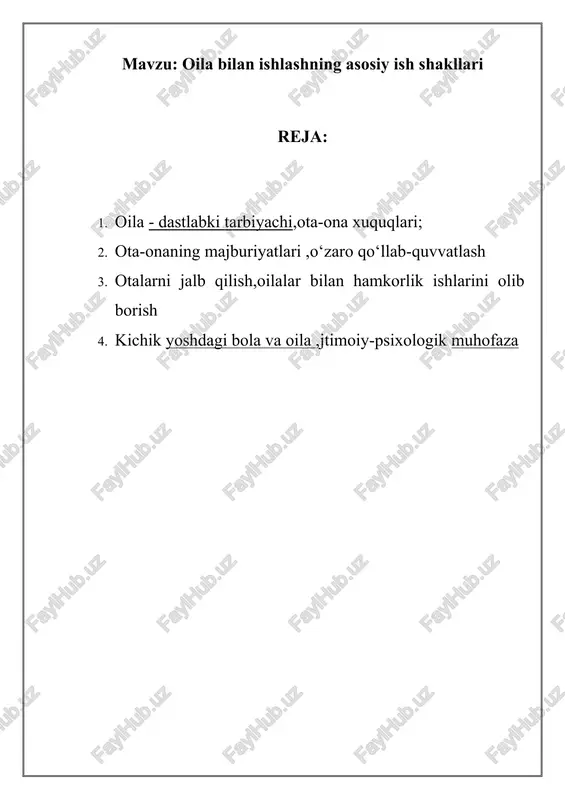 quyidagi vazifalar asosida belgilanadi: tarbiyaviy ishlarni amalga oshirish; mavjud vaziyatni o'z vaqtida tahlil qilishga yordam beradigan ishlarni amalga oshirish; tarbiya jarayonida ota-onaning ham, bolaning ham xatti-harakatlarini o'z vaqtida to'g'rilashga yordam beradigan ishlarni amalga oshirish. agar mutaxassis sifatida ishlaydigan o'qituvchi o'z faoliyatida yuqorida ko'rsatilgan vazifalarni bajarish maqsadini ko'zlasa, unda unga o'quvchi uchun foyda keltiradigan oila bilan o'zaro ta'sir usulini tanlash osonroq bo'ladi. oila bilan ishlash shakllari va usullari har qanday o'qituvchining faoliyatida muhim ahamiyatga ega, shuning uchun ularning tanlovi asosli va muvozanatli bo'lishi kerak, chunki agar u noto'g'ri tanlangan bo'lsa, muassasa va ota-onalar o'rtasida tushunmovchiliklar paydo bo'lishi mumkin. oila - dastlabki tarbiyachi pedagoglar bolaning dastlabki tabiyachisi sifatida oilaning yetakchi rolini tan olishlari muhim ahamiyat kasb etadi. qisqa muddatli guruhga kelgunga qadar oila bolaga madaniyatni, muhim va eng zarur ko‘nikmalarni singdirishga ulguradi. bolani maktabga tayyorlash bola va oila o‘rtasida shakllangan ana shu dastlabki munosabatlarga tayangan holda ota-onalarga qisqa muddatli guruhlar faoliyatining barcha …