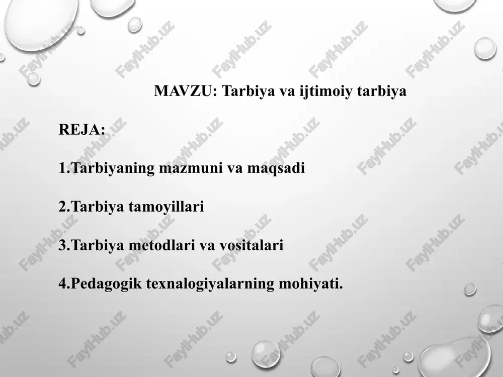 radi. ijtimoiy” (lotincha – socialis – umumiy) tushunchasining asosini shaxslar, shaxslararo munosabatlarning turli shakllari bilan bog‘liq jarayonlar tashkil etadi. bundan shunday xulosa kelib chiqadiki, agarda pedagogika o‘sib kelayotgan yosh avlodlarning ta’lim-tarbiyasi haqidagi fan bo‘lsa, ijtimoiy pedagogika ta’lim-tarbiya jarayonlarida bolaning jamiyatdagi hayotga qo‘shilishiga bog‘liq qonuniyat va xodisalarni o‘rganadi. bu o‘rinda shuni ham aytib o‘tish joizki, bolaning jamiyatga “kirish” jarayoni, uning muayyan ijtimoiy tajribani qo‘lga kiritishi (bilim, qadriyat, yurish-turish qoidalari) bilan bog‘liqdir. buni ijtimoiylashuv deyiladi. e‘tboringiz uchun rahmat!!! image3.png image4.jpeg image2.png image1.png /docprops/thumbnail.jpeg