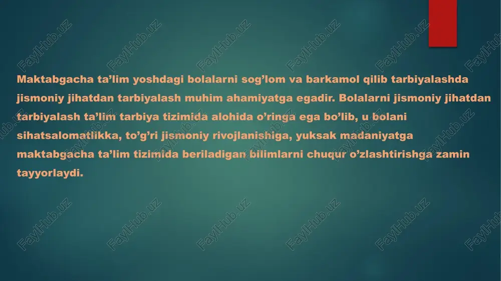 qda. maktabgacha tayyorlov guruhida bolalarda ba’zi bir yashirin muhim matematik aloqalarni, munosabatlarni, “teng”, “katta”, “kichik”, “butun va bo’lak” kattaliklar orasidagi bog’lanishlarni, o’lchov kattaliklari bilan son o’rtasidagi bog’lanishlarni aniqlay bilish ko’nikmasini rivojlantirishga alohida e’tibor beriladi. maktabgacha tarbiya yoshidagi bolalarning matematik tasavvurini shakllantirish mantiqiy tafakkurining yangi bosqichga ko’tarilishiga va ularning umuman aqliy faoliyati rivojlanishi uchun zamin yaratadi. bolalarni ko’z bilan hamda ichida sanashga o’rgatib boriladi. ularning ko’z bilan chamalash, shaklni tezda farq qila bilish qobilyati rivojlanadi. bu yoshda aqliy qobilyatni, mustaqil fikr yuritishni, analiz, sintez, taqqoslash kabi jihatlarini, muhokama qilish, xulosa chiqarish qobilyatini, miqdorviy tasavvurni rivojlantirish ham katta ahamiyatga ega. maktabgacha tayyorlov guruhining elementar matematik tasavvurini rivojlantirish bo’yicha dasturi bolalarning oldingi guruhlarda olgan bilimlarini umumlashtirish, bir tizimga keltirish, kengaytirish va chuqurlashtirishni nazarda tutadi. maktabga tayyorlov guruhida matematika bo’yicha haftasiga 2 ta mashg’ulot, yil davomida 72 ta mashg’ulot o’tkaziladi. mashg’ulotlarning davom etish muddati: birinchisi – 30 daqiqa, ikkinchisi – 20- 25 daqiqa. har …