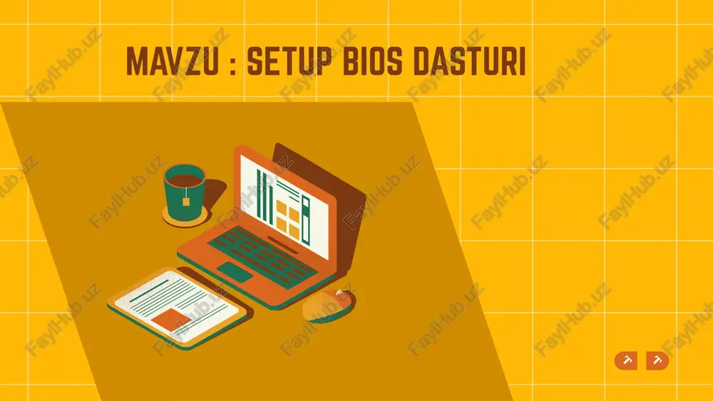sh) bo‘limi: o‘zgarishlarni saqlash yoki bekor qilish opsiyalari. kompyuterni ishga tushirishda maxsus tugmalar (f2, delete, esc yoki f10) orqali kirish. turli ishlab chiqaruvchilarning biosga kirish usullari. 5. setup bios dasturida asosiy sozlamalarni amalga oshirish yuklash tartibini sozlash (boot priority): qattiq disk, usb yoki cd/dvd orqali yuklash. tizim vaqtini va sanasini o‘rnatish. xotira (ram) va kesh-xotirani sozlash. protsessor tezligi va energiya rejimlarini boshqarish. 6. setup bios dasturining xavfsizlik funksiyalari parol o‘rnatish va bios sozlamalarini himoya qilish. viruslardan himoya qilish sozlamalari. 7. setup biosda amalga oshirilgan o‘zgarishlarni saqlash o‘zgarishlarni saqlash va qayta yuklash (save and exit). sozlamalarni standart holatga qaytarish (load default settings). setup bios dasturiga kirish usullari bios (inglizcha: basic input/output system — "asosiy kiritish va chiqarish tizimi") — bu kompyuterning mikroprotsessori tomonidan kompyuter sistemasini ishga tushurish uchun foydalaniladigan dastur. bios shuningdek operatsion sistema va kopyuterga biriktirilgan qattiq disk, videokarta, klaviatura, sichqoncha, printer va shunga o'xshash qurilmalar orasida ma'lumotlar almashinuvini ta'minlaydi. …
