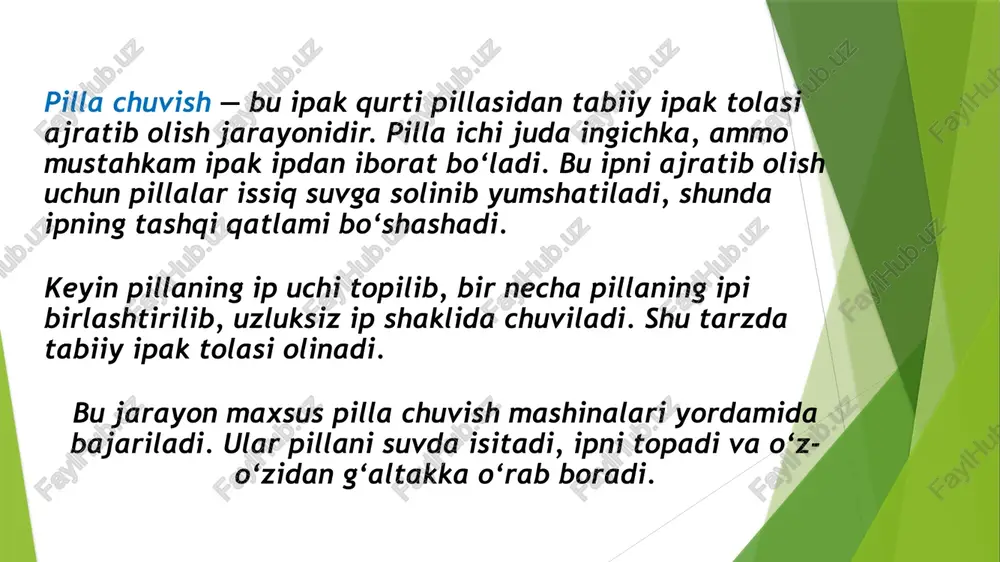 hta asosiy qismlardan iborat bo‘ladi. 🔹 1. issiqlik vanna (qizdiruvchi qism) bu qismda pillalar 80–90°c haroratdagi suvda yumshatiladi. zamonaviy mashinalarda harorat avtomatik datchiklar orqali boshqariladi, bu esa ipni uzilmasdan chuvishga yordam beradi. 🔹 2. pilla solish savati bu joyga pillalar solinadi. u suv aylanish tizimi bilan ta’minlangan bo‘lib, har bir pillaning bir maromda yumshashini ta’minlaydi. 3. ip uchini topuvchi mexanizm avvallari ip uchi qo‘lda topilgan bo‘lsa, hozirda mashinalarda optik yoki lazerli sensorlar ip uchini avtomatik aniqlaydi. bu ishlab chiqarish tezligini sezilarli oshiradi. 🔹 4. chuvish barabani (ip yechuvchi qism) bu qism ipni pilladan yechib oladi. u motor yordamida aylantiriladi va ipning tarangligini doimiy nazorat qilib turadi. ayrim mashinalarda ip uzilganda avtomatik to‘xtash tizimi mavjud. 🔹 5. ipni yig‘ish g‘altagi (bobin) chuvilgan ipak iplar maxsus g‘altakka o‘raladi. g‘altak aylanish tezligi mashina kompyuter tizimi orqali boshqariladi, bu esa ipning bir xil qalinlikda chiqishini ta’minlaydi. 🔹 6. boshqaruv paneli bu qismda operator barcha …