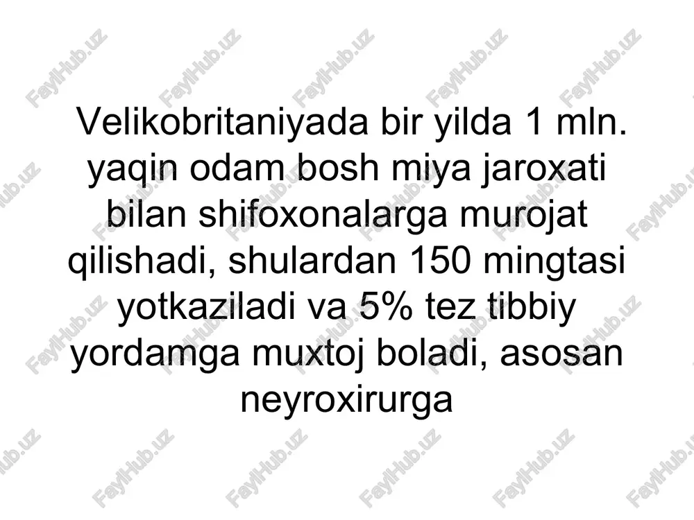 iologiyasi 1. aksonalno jaroxatlanish 2. serebrovaskulyar ozgarish 3. posttravmatik miyani ishemiyasi 4. bosh miyani shishi 5. bosh miyani bo'kishi 6. neyroximik ozgarishlar bosh miya chaqalishi bmj funktsional ozgarishlar kuzatiladi. darajalari bolmaydi. qisqa vaqt xushini yoqotadi garangdan – sopor xolatigacha, amneziya kuzatiladi xodisalarga. bosh miyani engil lat yishi es xushi koproq vaqtga yoqotadi bir necha minutdan – soatgacha. dagal asab ochoq belgilari mavjud boladi (parez va plegiyalar) bosh miya lat yishini orta darajasi uzoq vaqt xushsiz bolib kop marotaba qusish kuzatiladi. nafas olishi tezlashadi, taxikardiya yoki bradikardiya, arterial gipertenziya . bosh miya lat yishini ogir darajasi bemor komatoz xolatida boladi, xarakat qozgalishi kuzatiladi, bosh miyani ustini jaroxatini klinikasi namoyon boladi. (anizokoriya, nistagm, suzib yuruvchi vzor, yutishni buzilishi, parez, plegiya oyoq qullarida, atoniya yoki gipertonus, patologik reflekslar va boshqalar) bosh miyani siqilishi tez vaqt ichida umumiy va asab o’choq belgilari nomoyon bo’ladi (es hushi uzoq vaqt yo’q bo’ladi, bosh og’rig’i kuchayadi,ko’p qusadi, …