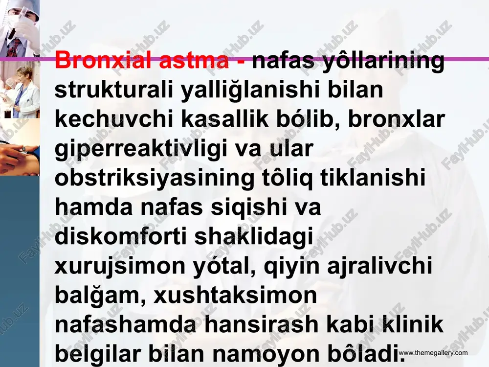 bilan, shilimshiqning gipersekresiyasi bilan, nafas y¢llari shilliq qavatining shishi va hujayrali yallig`lanish infiltrasiyasi bilan javob beradi. www.themegallery.com patomorfologiyasi: bronxlarda yallig`lanish belgilari, shilliq qavatining shishi, shilliq tiqin, silliq mushaklar giperplaziyasi, bazal membrana qalinlashishi va dezorganizasiyasi aniqlanadi. bronxial astmada endobronxial biopsiyada bronx epiteliysining ko’chishi, shilliq qavat eozinofil infiltrasiyasi ko`riladi. bronxlar yuvindi suvida ko`p miqdorda epitelial, semiz xujayralar, eozinofillar va limfositlar topiladi. www.themegallery.com klinikasi: www.themegallery.com shikoyatlar va anamnez ekspirator xansirash va/yoki yo`tal xurujlari masofadan xushtaksimon xirillashlar eshitilishi ko`krak qafasida og`irlik xissi ob’ektiv ekspirator xansirash burun kataklarini nafas olganda kengayishi quzg`alish nafas aktida qo`shimcha mushaklar ishtiroki majburiy xolat perkussiyada: emfizema shakllanganda qutisimon perkutor tovush auskultasiyada: qurug` xushtaksimon va g`o`ngillovchi xirillashlar xamda nafas chiqarish fazasining uzayishi bronxial astmaning tasnifi asosiy patogenetik variantlari g.b.fedoseev tomonidan to’ldirilgan tasnif bo’yicha: www.themegallery.com infeksion-bog`liq atopik autoimmun disgormonal disovarial asabiy-ruxiy adrenergik disbalans xolinergik jismoniy zo`rig`ishdagi astma aspirin astmasi (triada) bronxial astmaning kechish darajalari: www.themegallery.com engil kechishi-yilida 2-3 marta xuruj o`rtacha og`irlikda …