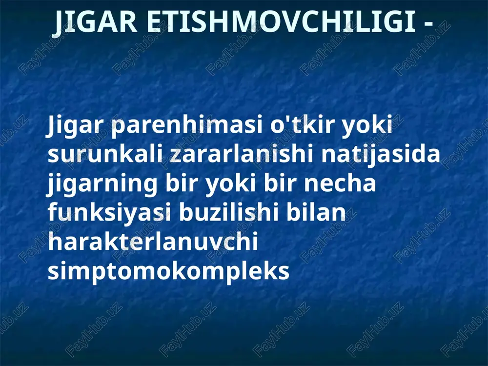 m, tahikardiya leykositoz, patologik reflekslar, mushaklar rigidligi. tashhislash anamnez klinik ko'rinishi biohimik analizlar ensefalografik o'zgarishlarga asoslanadi davolash davolashning samaradorligi past. og'ir jigar etishmovchiligi bo'lgan bemorlar har soatda shifokor nazoratiga muhtojlar parhez – oqsil miqdorini keskin kamaytirish, oqsil miqdorining keskin kamaytirish kuniga 30-40 g/sut gacha, yog'larni 60 g gacha va uglevodlarni kuniga 200 g gacha cheklash, polivitaminlar, sut-qatiq mahsulotlari. davolash(davomi) intoksikasiya bilan kurashish gemostatiklar diuretikdar ensefalopatiyada preparati, ammiak metabolizmini kchaytiruvchi vositalar davolashning ekstrakorporal usullari: plazmaferez, gemodializ, gemo- va limfosorbsiya, qonning perfuziya giperbarik oksigenasiya seanslari laktulozani qo'llagan holda tozalovchi huqna qo'yish tuzli surgi dorilar laktuloza elektrolitli komada qonning elektrolitli tarkibini meyoriga keltirish image1.jpeg