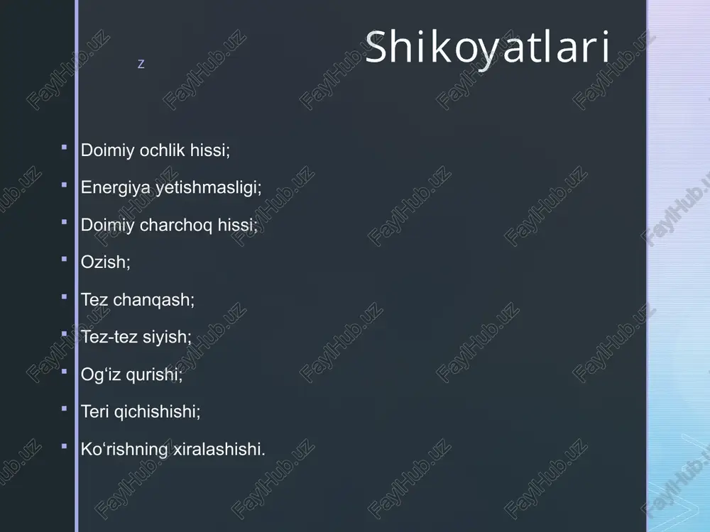 atdagi rangda nam, tili toza va nam, ko'rinadigan shilliq qavatlari och pushti rangda toza, periferik limfa tugunlari kattalashmagan. suyak-bo'g'im sistemasi deformatsiyasiz. gavdasi normostenik. o'pkasida vezikulyar nafas, nos-17ta/min. yurak tonlari bo'g'iq, puls-96ta/min, ritmik a/b- 165/95mm.sim.ust. qorni yumshoq, og'riqsiz, jigar va taloq paypaslanmaydi. ich kelishi va diurez regulyar. z nafas olish sistemasi nafas olish burni orqali ravon, nafas harakatlari ko'krak tipida, ko'krak qafasi simmetrik, silindrik. gavdasi normostenik. ko'krak qafasi palpatsiyada ovoz dirillashi va ko'krak qafasi rigidligi normada, perkussiyada aniq o'pka tovushi, o'pka chegaralari normada auskultatsiyada vezikulyar nafas nafas olish soni-17 ta/min. z o'pka chegaralari o'ng chap lin. clavicularis 4 - lin. axillaris anterior 6 6 lin. axillaris media 8 8 lin. axillaris posterior 9 9 lin. scapularis 4 4 lin. paravertebralis 11 11 z yurak-qon tomir sistemasi yurak chegaralari normada, yuqori chegarasi chapdan to'sh qirrasi bo'ylab 3qovurg'aga, chap lin. clavicularis sinistradan 1sm tashqarida, o'ng chegarasi to'sh qirrasidan 1sm ichkarida. perkussiyada yurak maydoni …