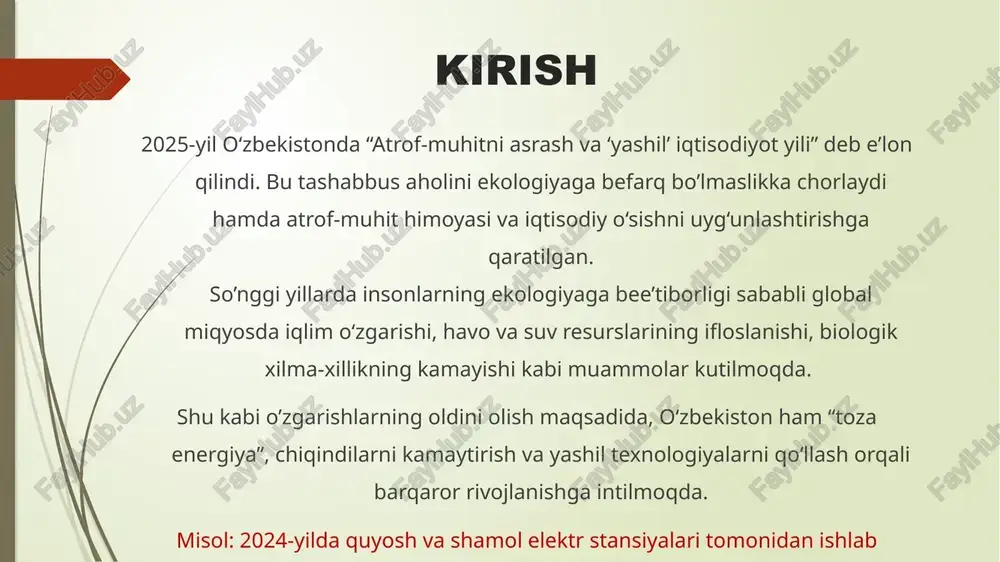 . 2024-yilda qayta tiklanadigan energiya ulushi ~ 20 %. qayta tiklanadigan energiya bo‘yicha bozor o‘sishi: 2025-yilda taxminan 3,65 gw quvvatga erishishi kutilmoqda. misol: 2025-yilda quyosh va shamol stansiyalari tomonidan ishlab chiqarilgan energiya 3 mlrd kwh ga yetdi. muayyan loyihalar va amaliy ishlar suv kanallarida kichik gidroenergetika stansiyalari (kges) qurish loyihasi: 2030-yilgacha jami quvvati 150 mw gacha bo‘lgan kges qurilishi ko‘zda tutilgan. bu yilgi bosqichda 270 ta maydon aniqlangan. chiqindilardan energiya ishlab chiqarish: o‘zbekiston 2027-yilgacha qattiq chiqindilarni elektr energiyaga aylantirish bo‘yicha $1,3 mlrd investitsiyani e’lon qildi. yadro energetika: jizzax viloyatida kichik modul yadro reaktori (smr) qurilishi boshlangan (quvvati ~330 mw). ta’lim va startaplarni rag‘batlantirish: 2025-yilda ekologiyaga oid innovatsion startaplar tanlovlari va ecoexpo 2025 tashabbuslari bo‘lib o‘tmoqda. energiya samaradorligi va infratuzilma energiya tejash samaradorligiga katta e’tibor berilmoqda: binolarni izolyatsiya qilish, led yoritish, aqlli sistema joriy etilishi; iqtisodiy hududlarda elektr tarmoqlarini yangilash, uzatish va taqsimot yo‘llarini modernizatsiya qilish. qishloq joylarda of-grid (tarmoqqa ulanmagan) …