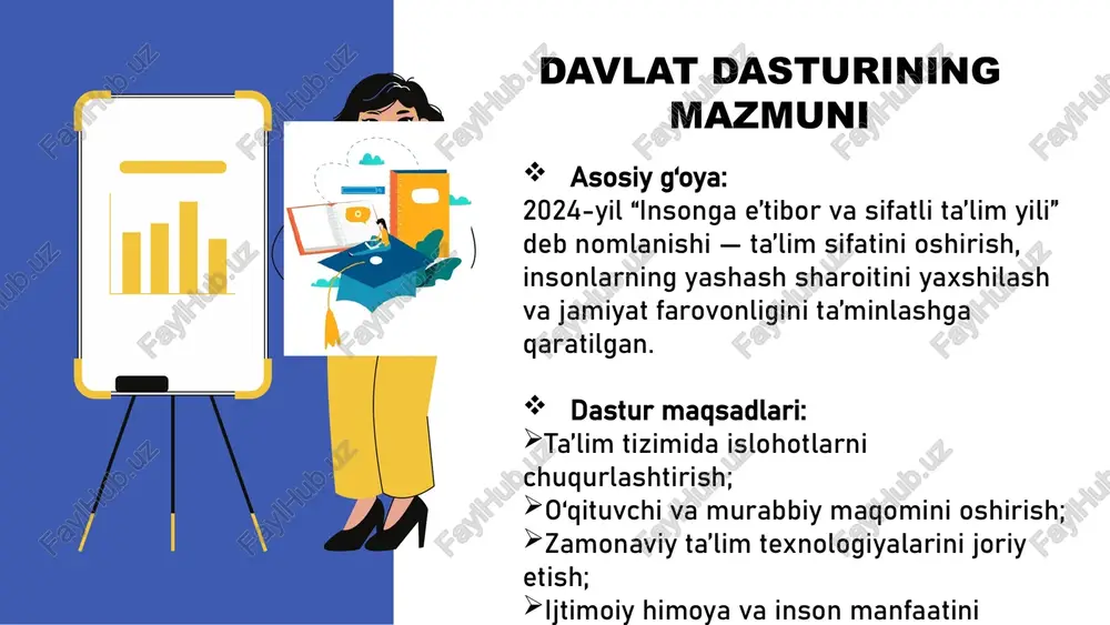an ortiq pedagog malaka oshirish kurslaridan o‘tdi, o‘qituvchilarga 20% gacha qo‘shimcha ustama joriy etildi. ustuvor yo‘nalish 3 — raqamli ta’lim tizimini rivojlantirish vazifalar: maktab va oliygohlarda raqamli platformalarni joriy etish; onlayn ta’limni sifatli tashkil etish; elektron kutubxona va resurs bazasini kengaytirish. ijrosi: “my.edu.uz” va “ta’lim.oneid.uz” tizimlari orqali 1,5 milliondan ortiq o‘quvchi va talabalar elektron platformalardan foydalanmoqda. ustuvor yo‘nalish 4 — inson manfaatlarini ta’minlash asosiy yo‘nalishlar: nogironligi bo‘lgan bolalar uchun inklyuziv ta’limni kengaytirish; talabalar va o‘qituvchilar uchun ijtimoiy yordam dasturlarini kengaytirish; sog‘lom muhit va psixologik qo‘llab-quvvatlash tizimini yaratish. ijrosi: har bir hududda “inson uchun ta’lim markazlari” tashkil etilib, 2025-yilgacha 150 ta yangi ijtimoiy qo‘llab-quvvatlash markazi ishga tushirilmoqda. ustuvor yo‘nalish 5 — oliy ta’lim va ilmiy faoliyat integratsiyasi maqsad: oliy ta’limda ilm-fan va ishlab chiqarish integratsiyasini kuchaytirish; yosh olimlar faoliyatini qo‘llab-quvvatlash; xalqaro hamkorlikni rivojlantirish. ijrosi: 2024-yilda 20 ta yangi ilmiy loyiha grant asosida moliyalashtirildi, 15 ta xorijiy universitet bilan qo‘shma dasturlar yo‘lga …